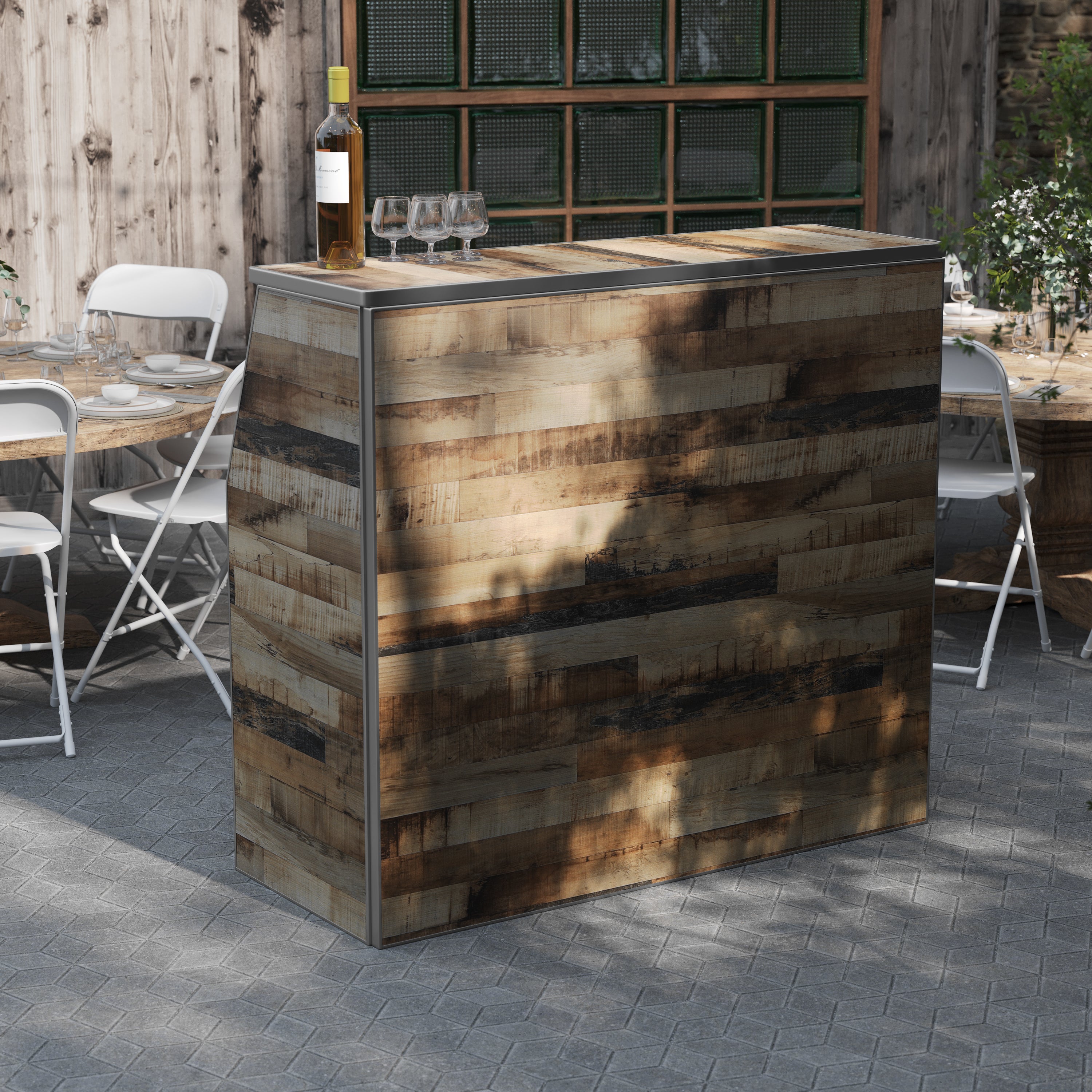 Amara 4' Rustic Natural Wood Plank Laminate Foldable Bar - Portable Event Bar