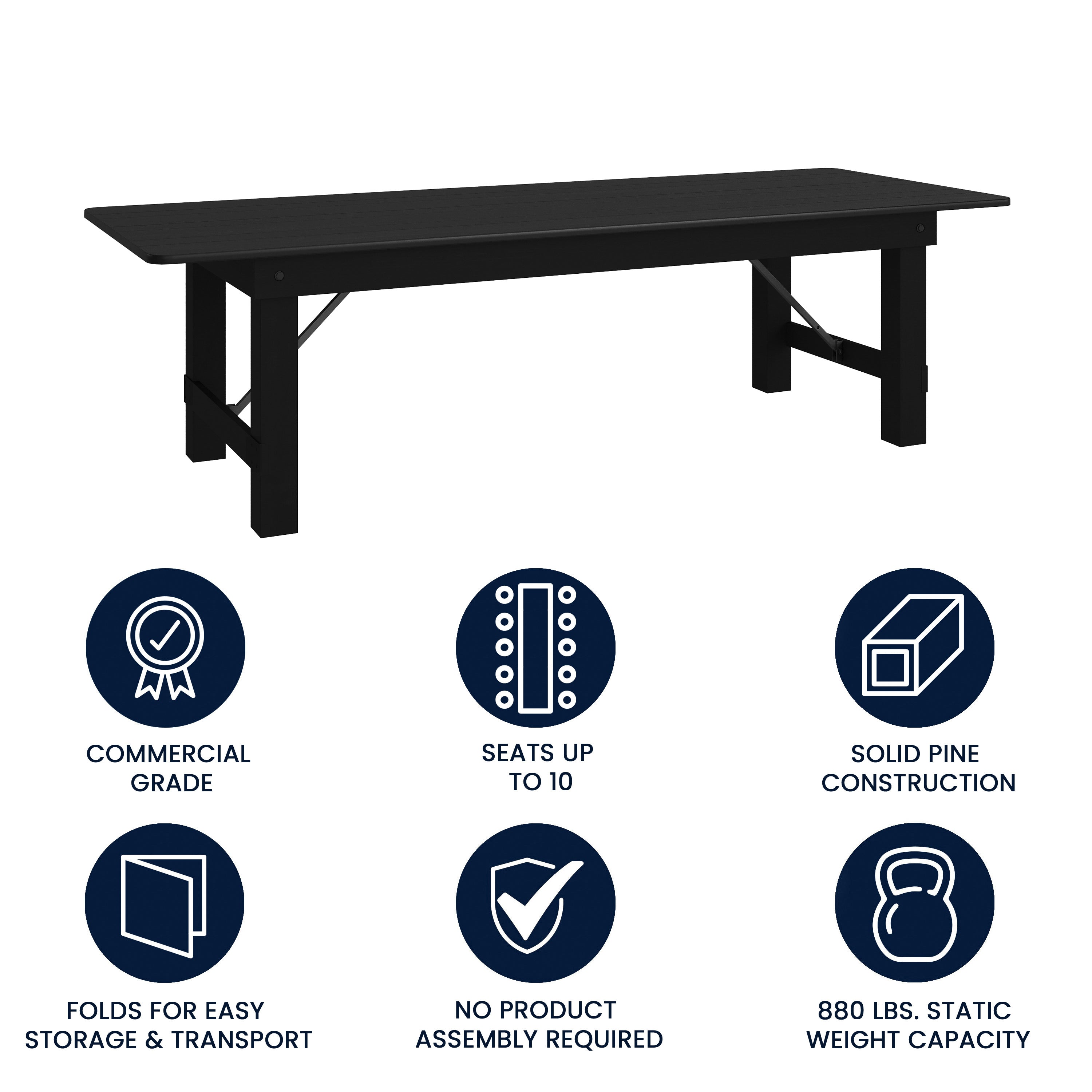 HERCULES 9' x 40" Rectangular Black Wash Commercial Farmhouse Folding Table, Antique Rustic Solid Pine Dining Room Table with Foldable Locking Legs