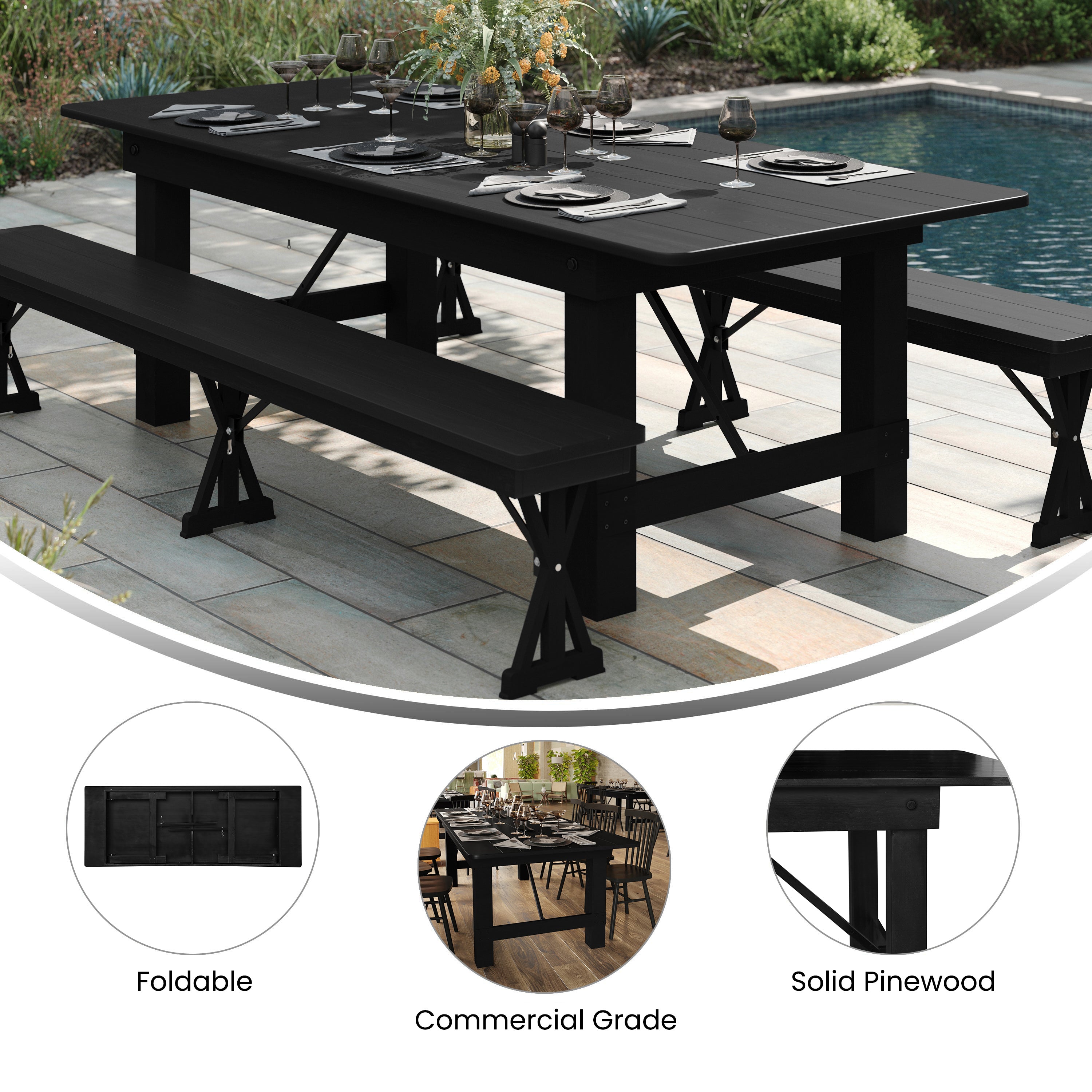 HERCULES 9' x 40" Rectangular Black Wash Commercial Farmhouse Folding Table, Antique Rustic Solid Pine Dining Room Table with Foldable Locking Legs