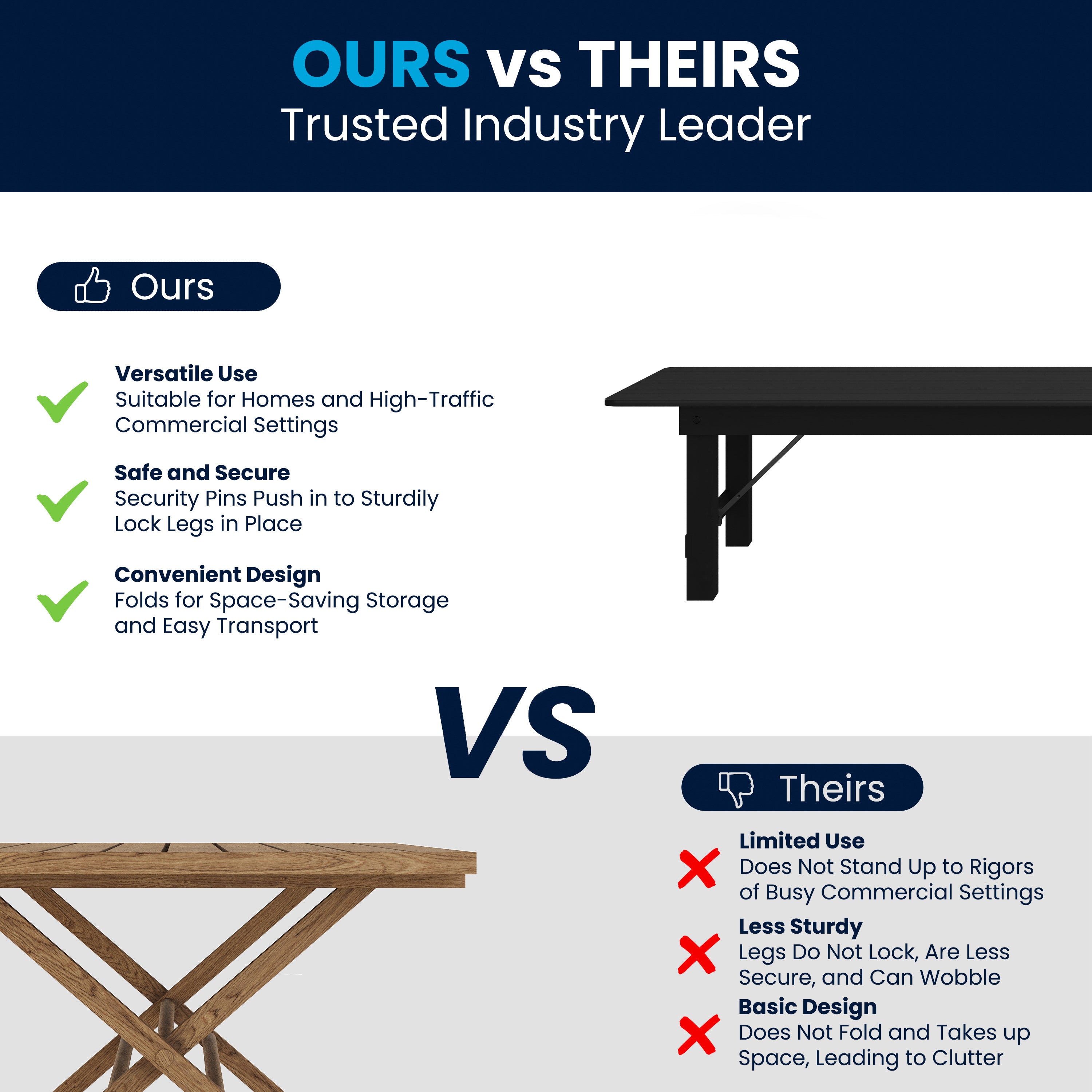 HERCULES 9' x 40" Rectangular Black Wash Commercial Farmhouse Folding Table, Antique Rustic Solid Pine Dining Room Table with Foldable Locking Legs