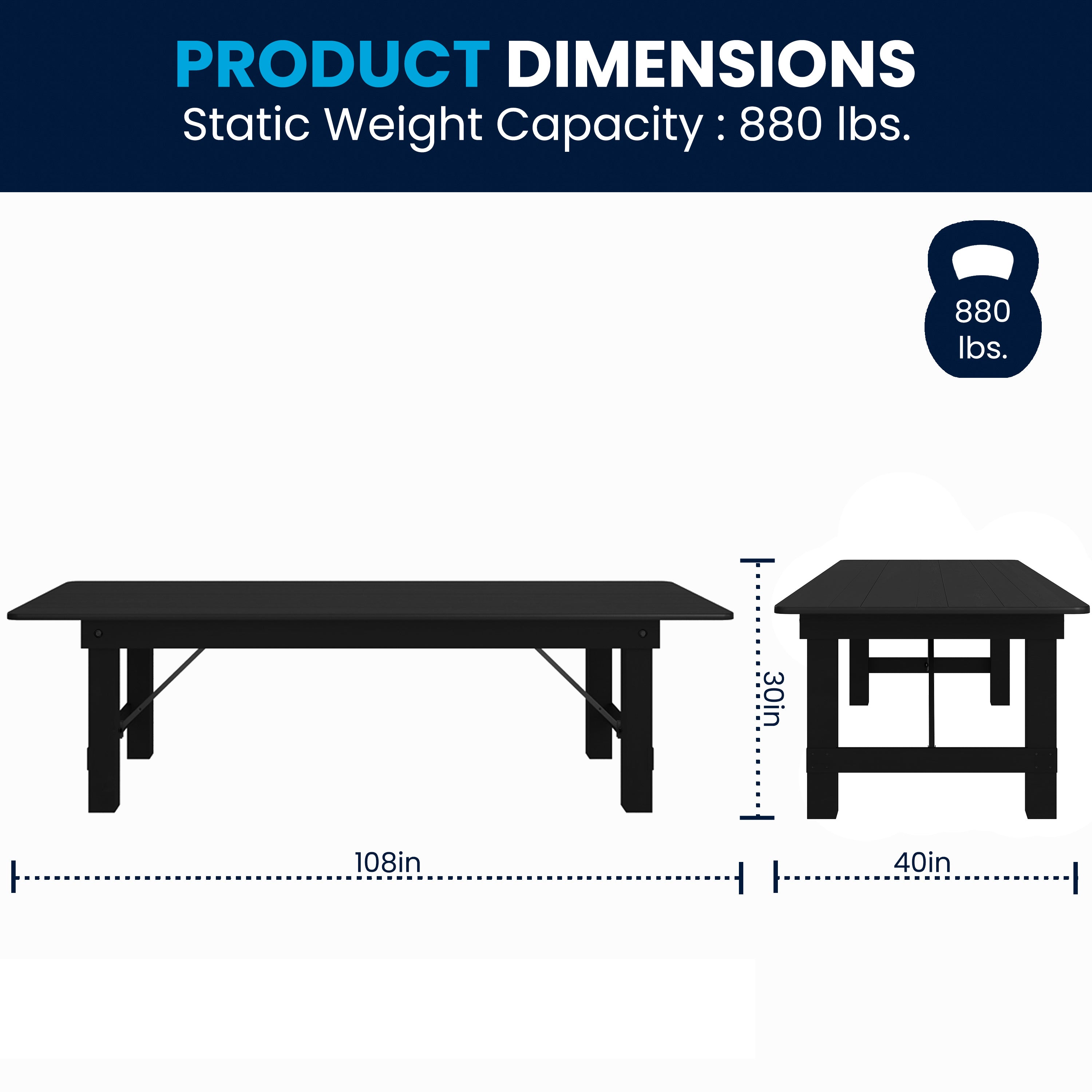 HERCULES 9' x 40" Rectangular Black Wash Commercial Farmhouse Folding Table, Antique Rustic Solid Pine Dining Room Table with Foldable Locking Legs
