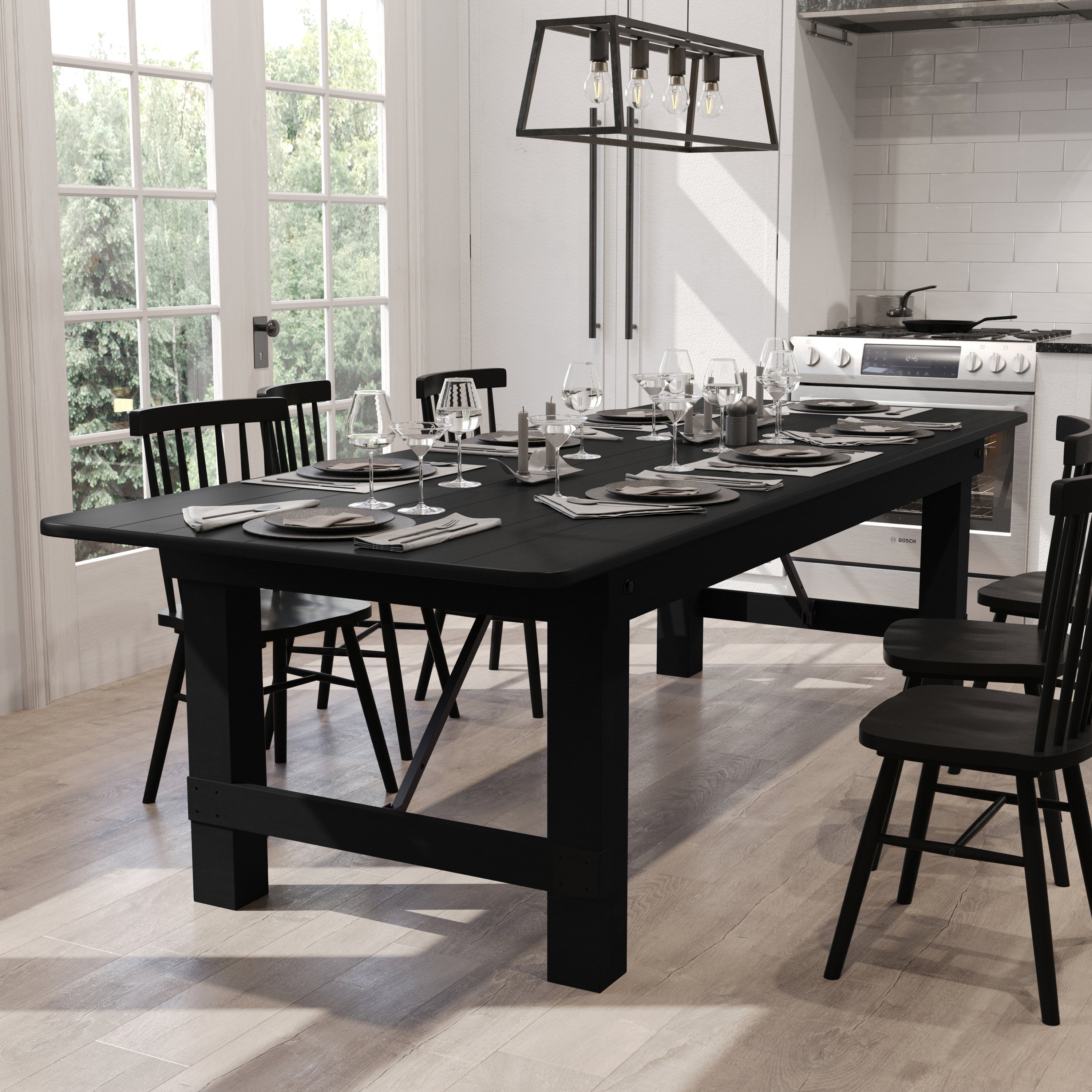 HERCULES 9' x 40" Rectangular Black Wash Commercial Farmhouse Folding Table, Antique Rustic Solid Pine Dining Room Table with Foldable Locking Legs