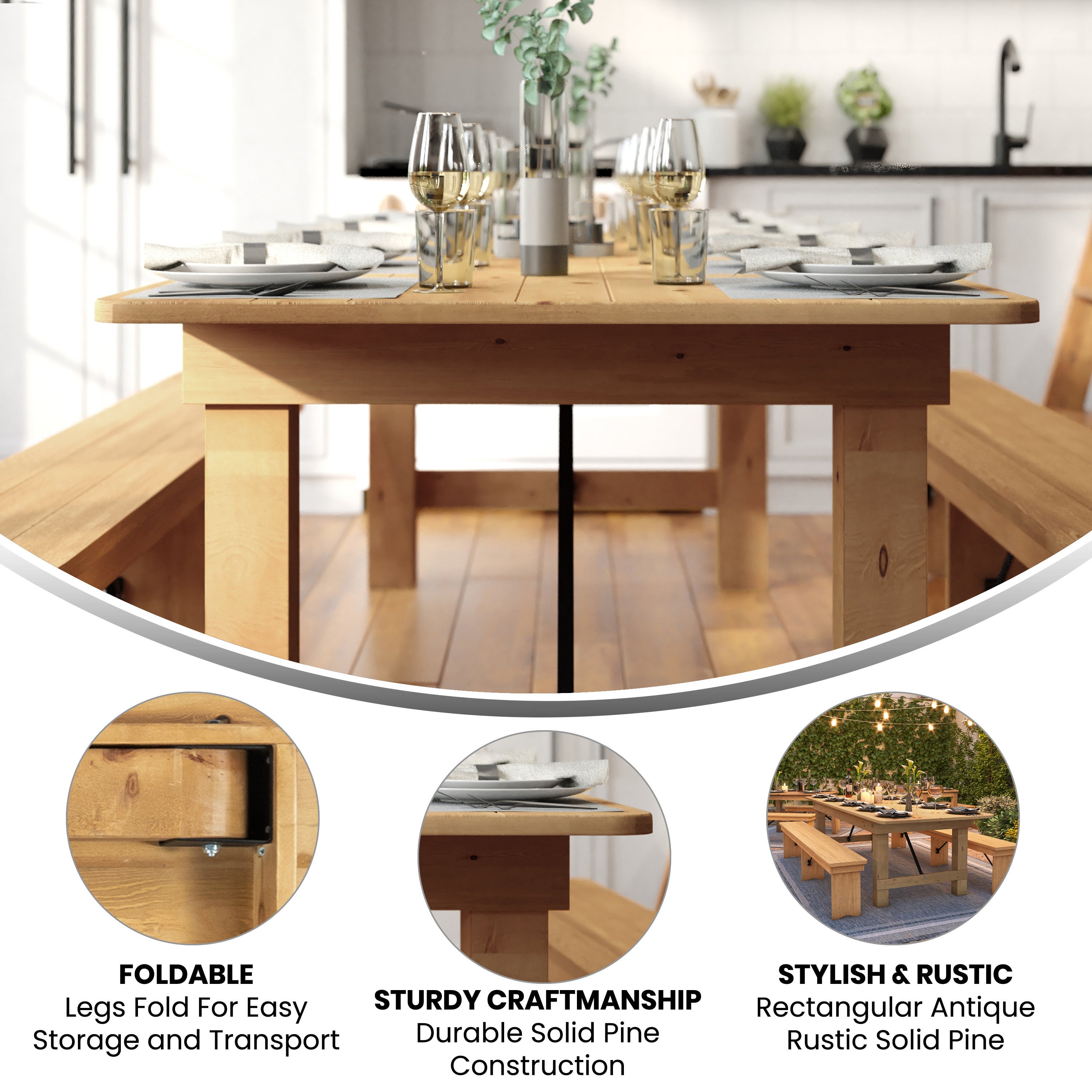 HERCULES 9' x 40" Rectangular Antique Rustic Light Natural Solid Pine Folding Farm Table