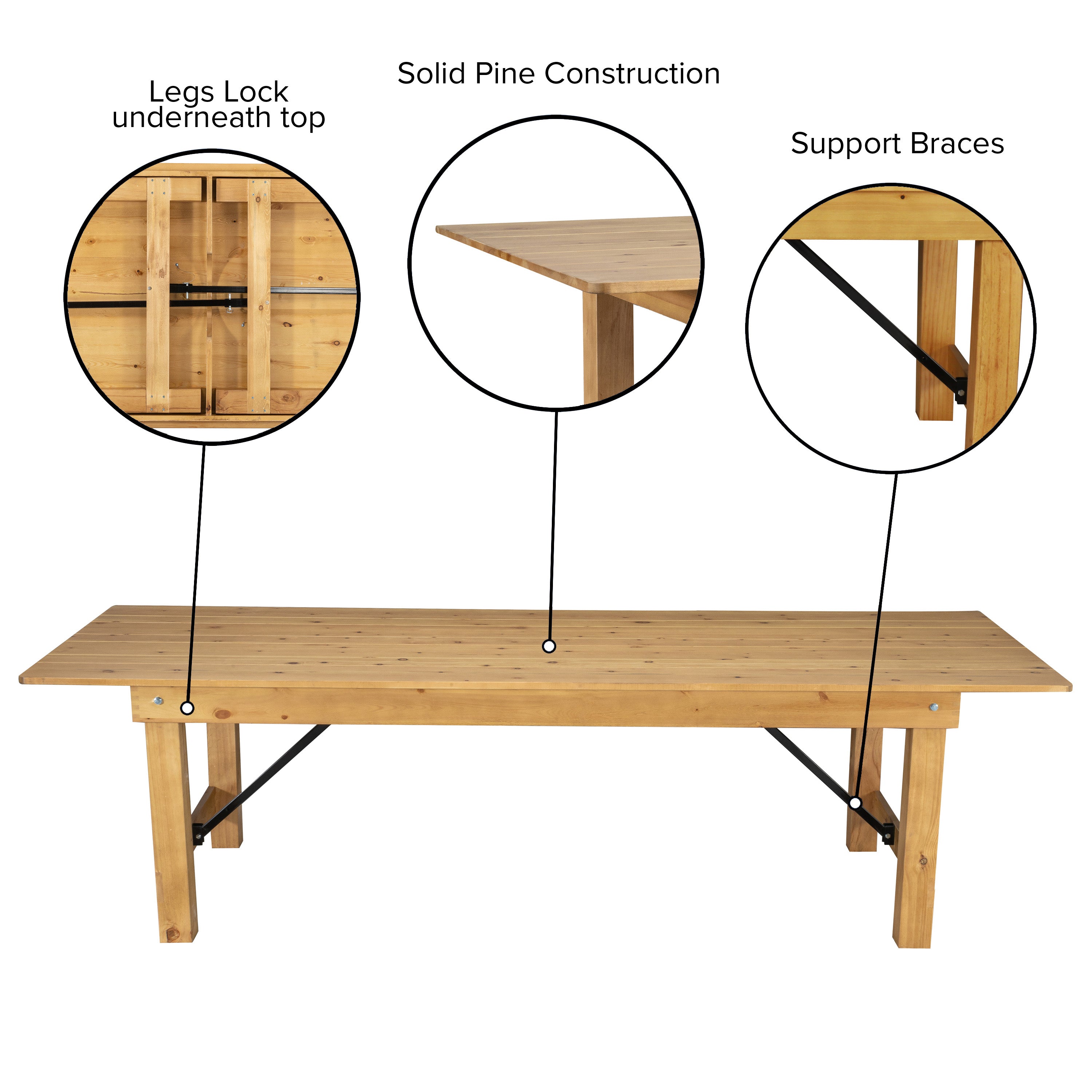 HERCULES 9' x 40" Rectangular Antique Rustic Light Natural Solid Pine Folding Farm Table