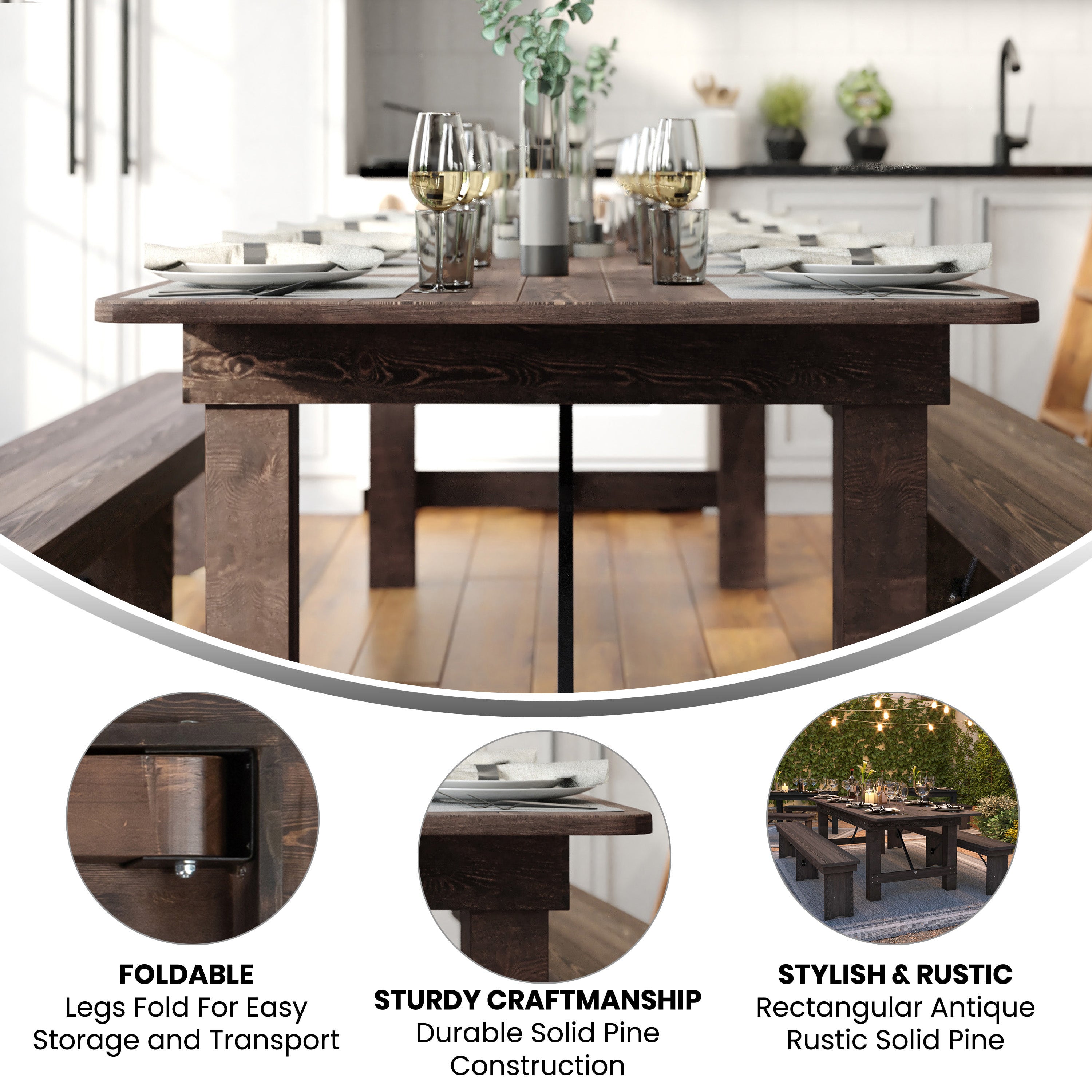 HERCULES 9' x 40" Rectangular Antique Rustic Mahogany Solid Pine Folding Farm Table