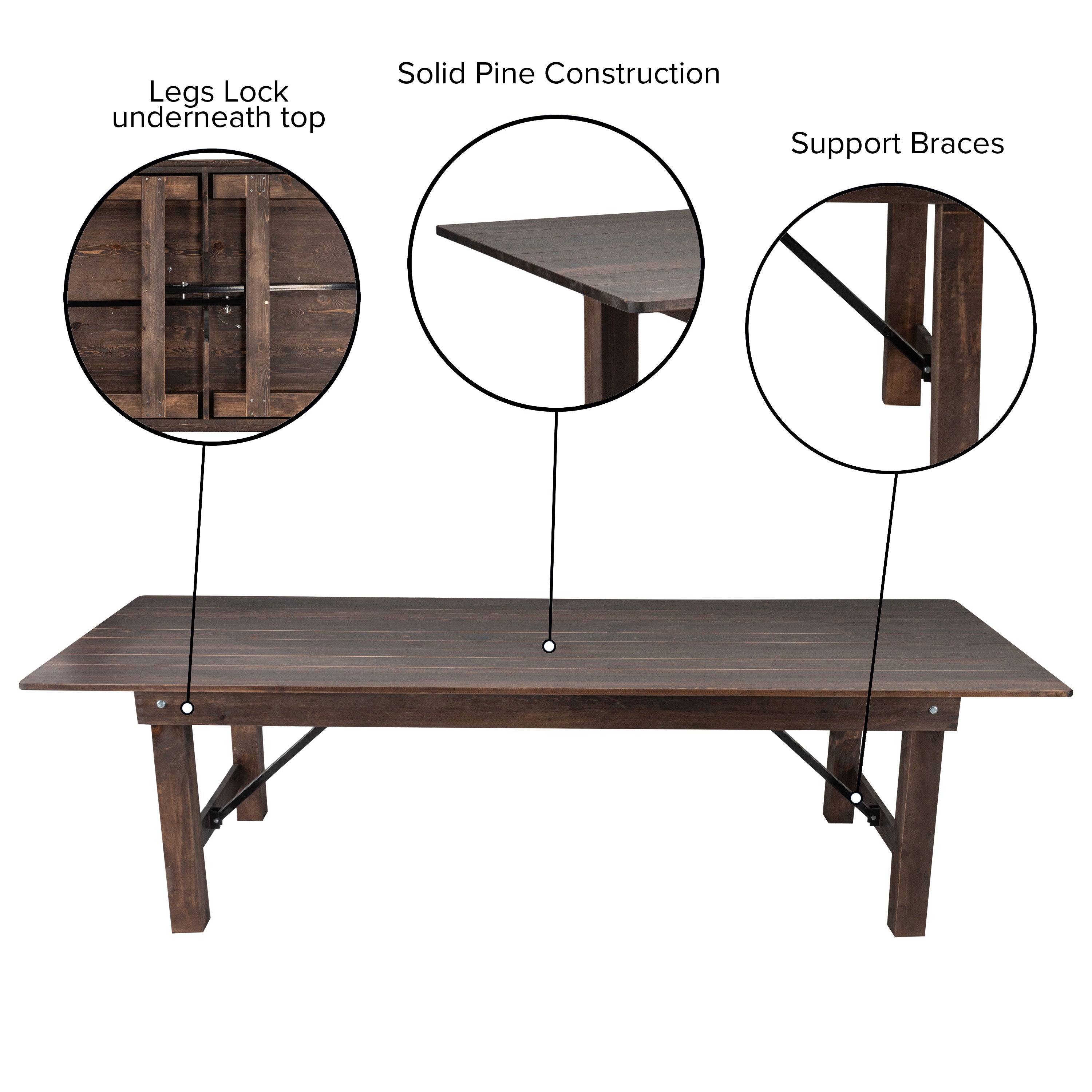 HERCULES 9' x 40" Rectangular Antique Rustic Mahogany Solid Pine Folding Farm Table