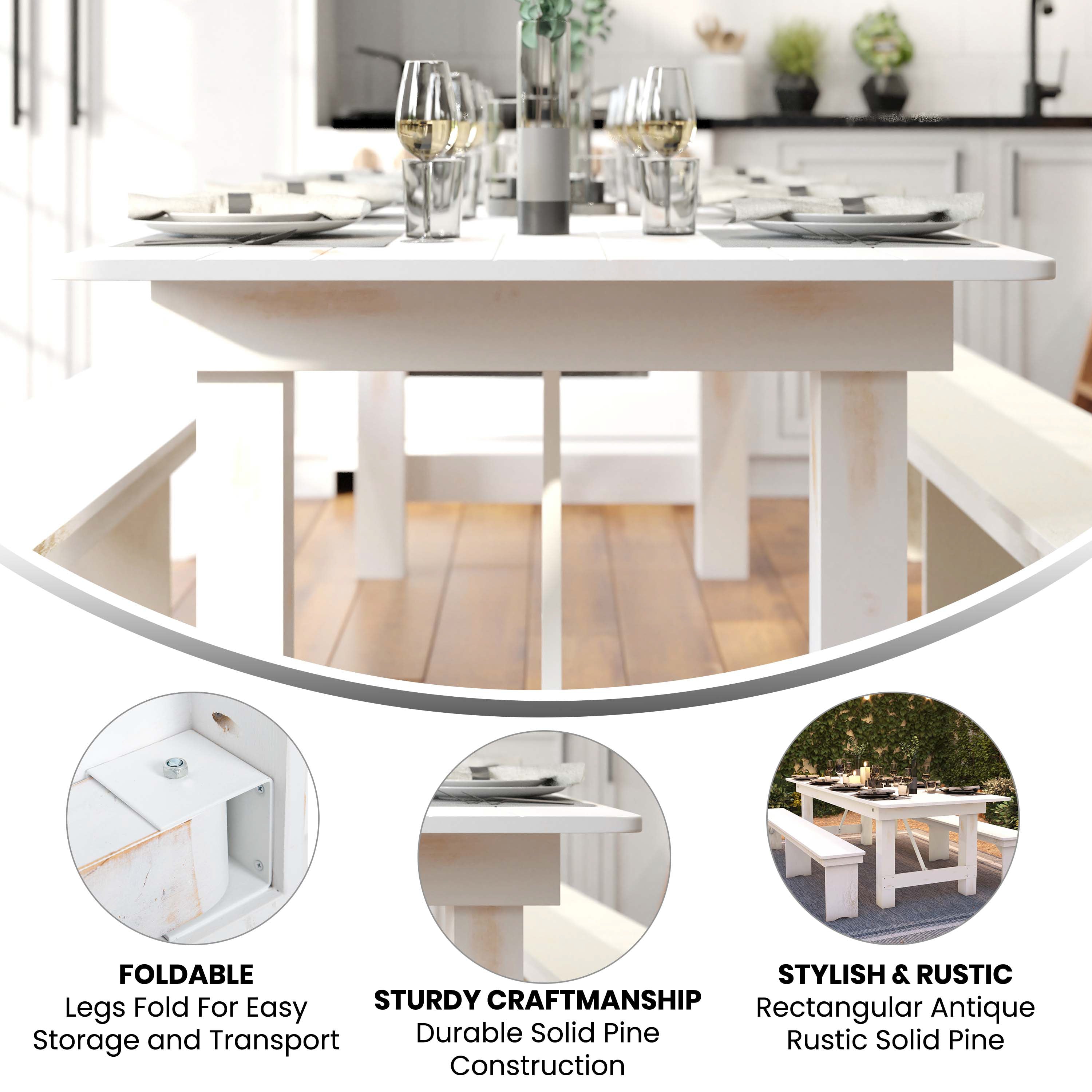 HERCULES Series 9' x 40" Rectangular Antique Rustic White Solid Pine Folding Farm Table