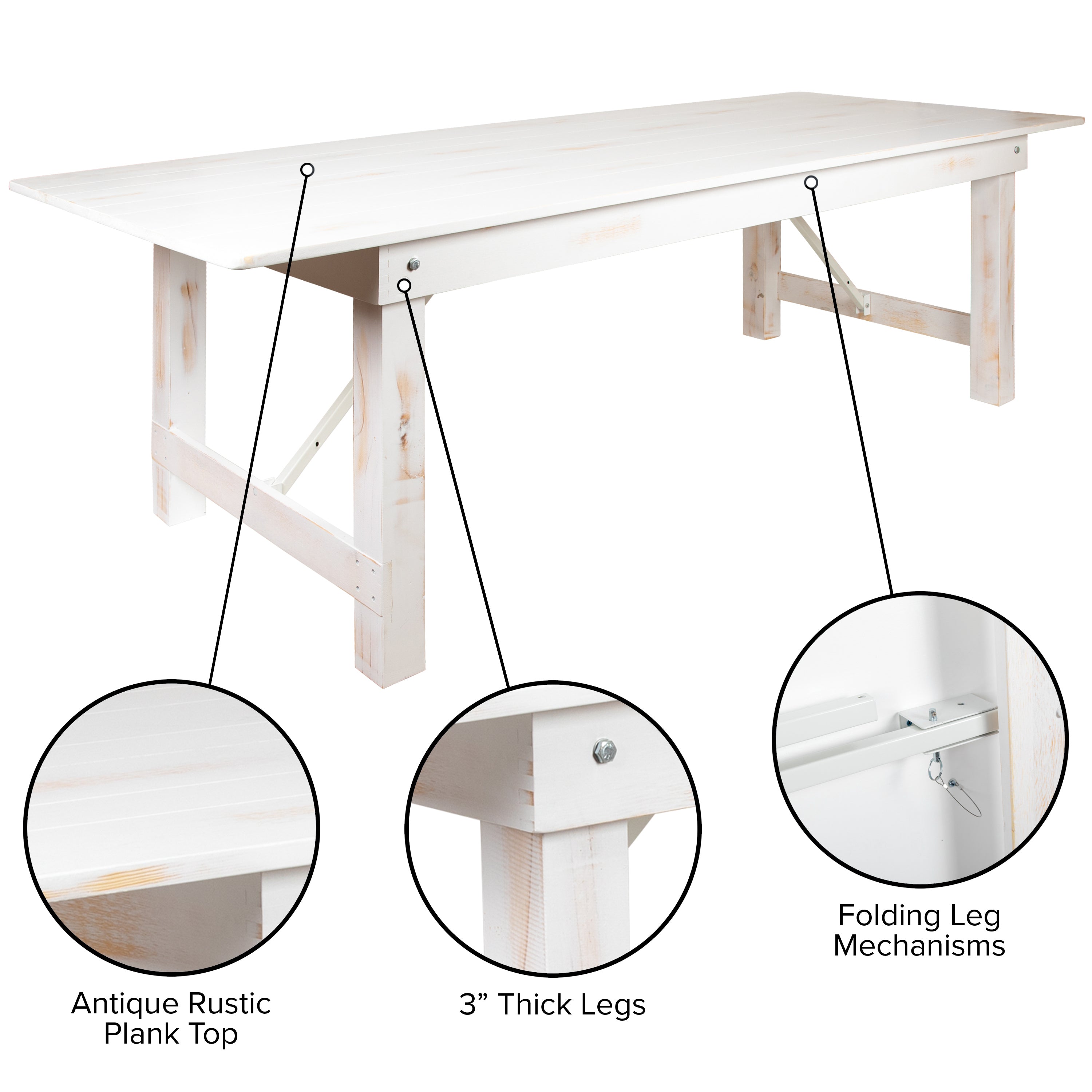 HERCULES Series 9' x 40" Rectangular Antique Rustic White Solid Pine Folding Farm Table