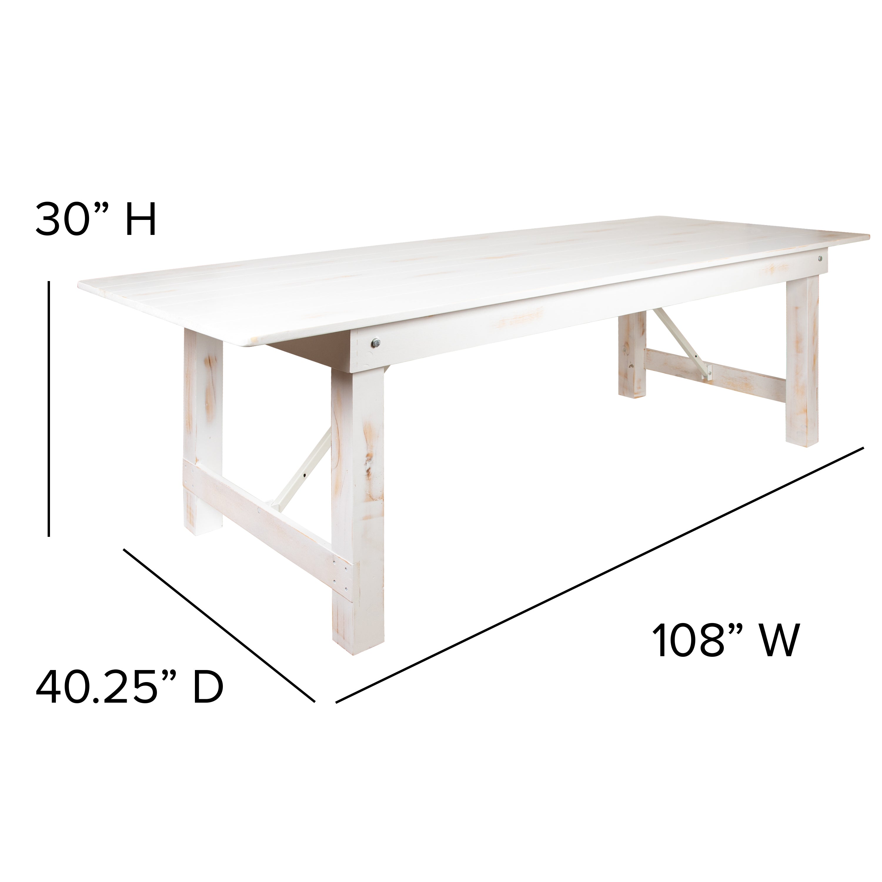 HERCULES Series 9' x 40" Rectangular Antique Rustic White Solid Pine Folding Farm Table