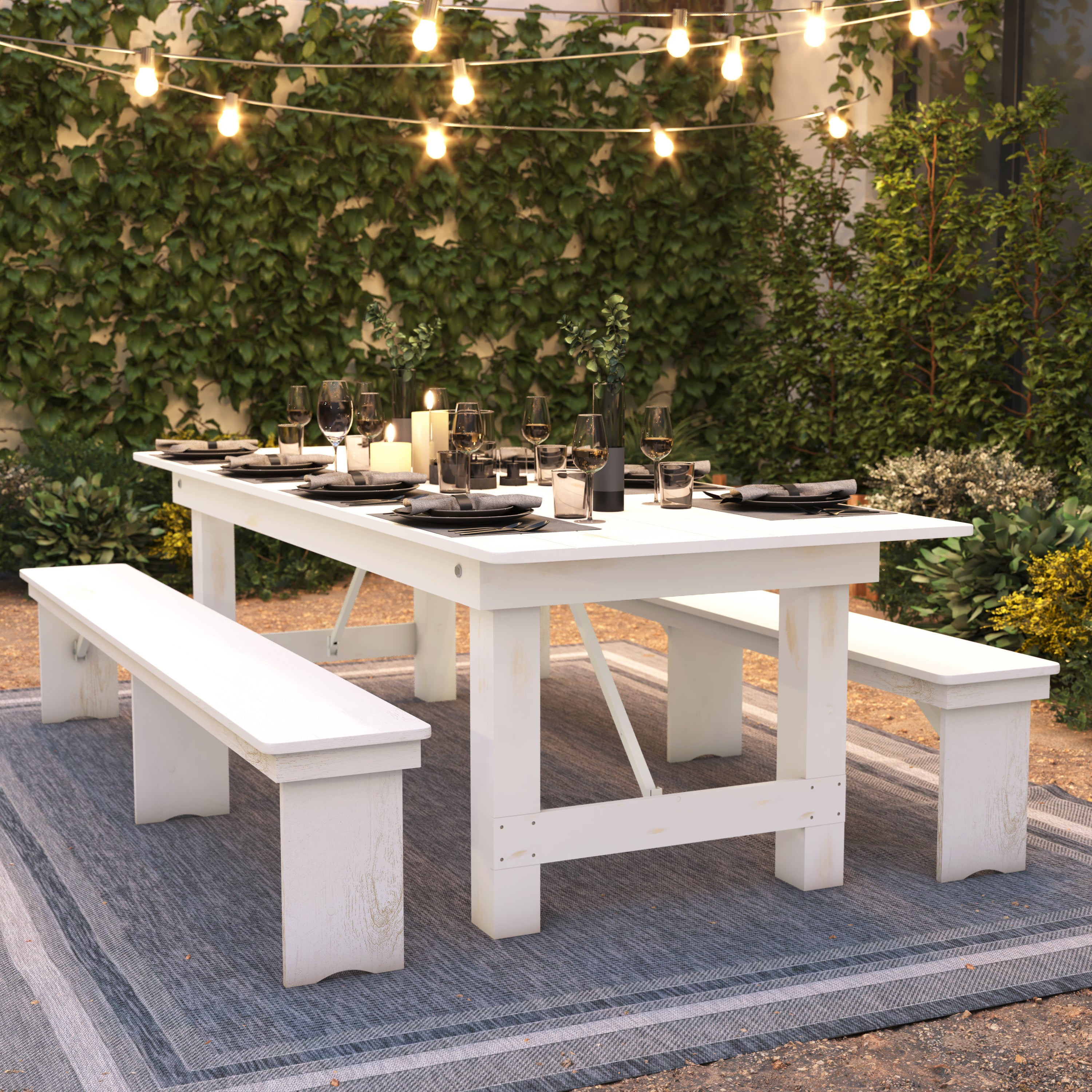 HERCULES Series 9' x 40" Rectangular Antique Rustic White Solid Pine Folding Farm Table