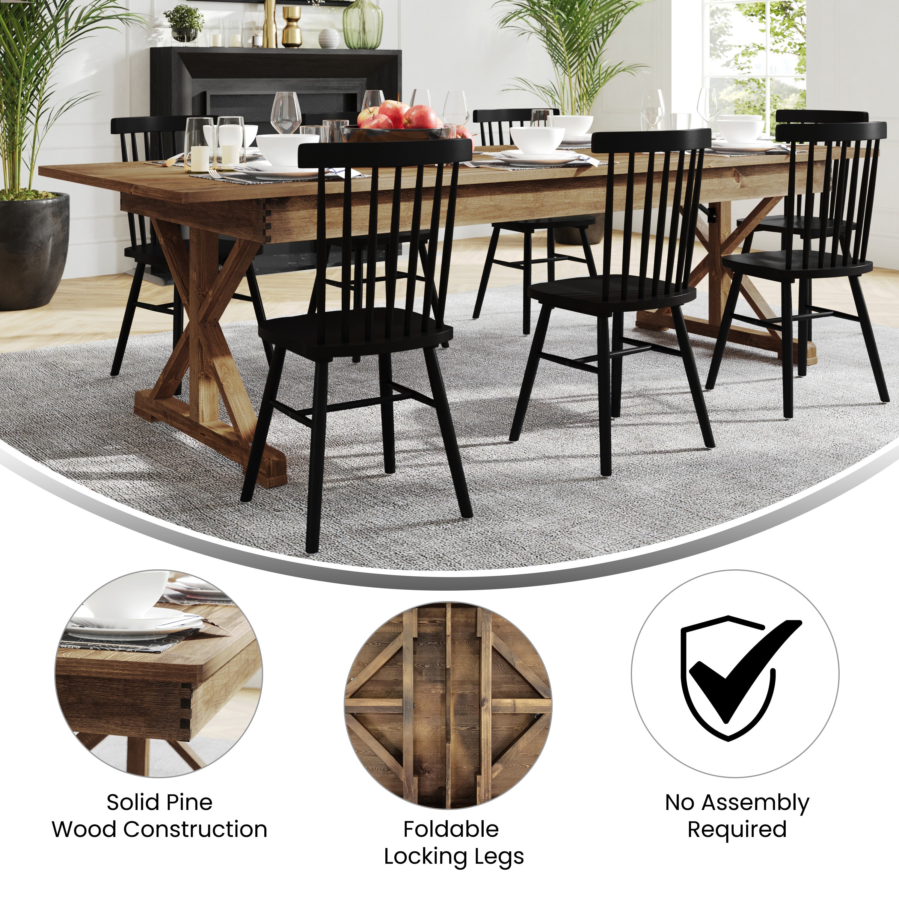 HERCULES 9' x 40" Rectangular Antique Rustic Solid Pine Folding Farm Table with X Legs