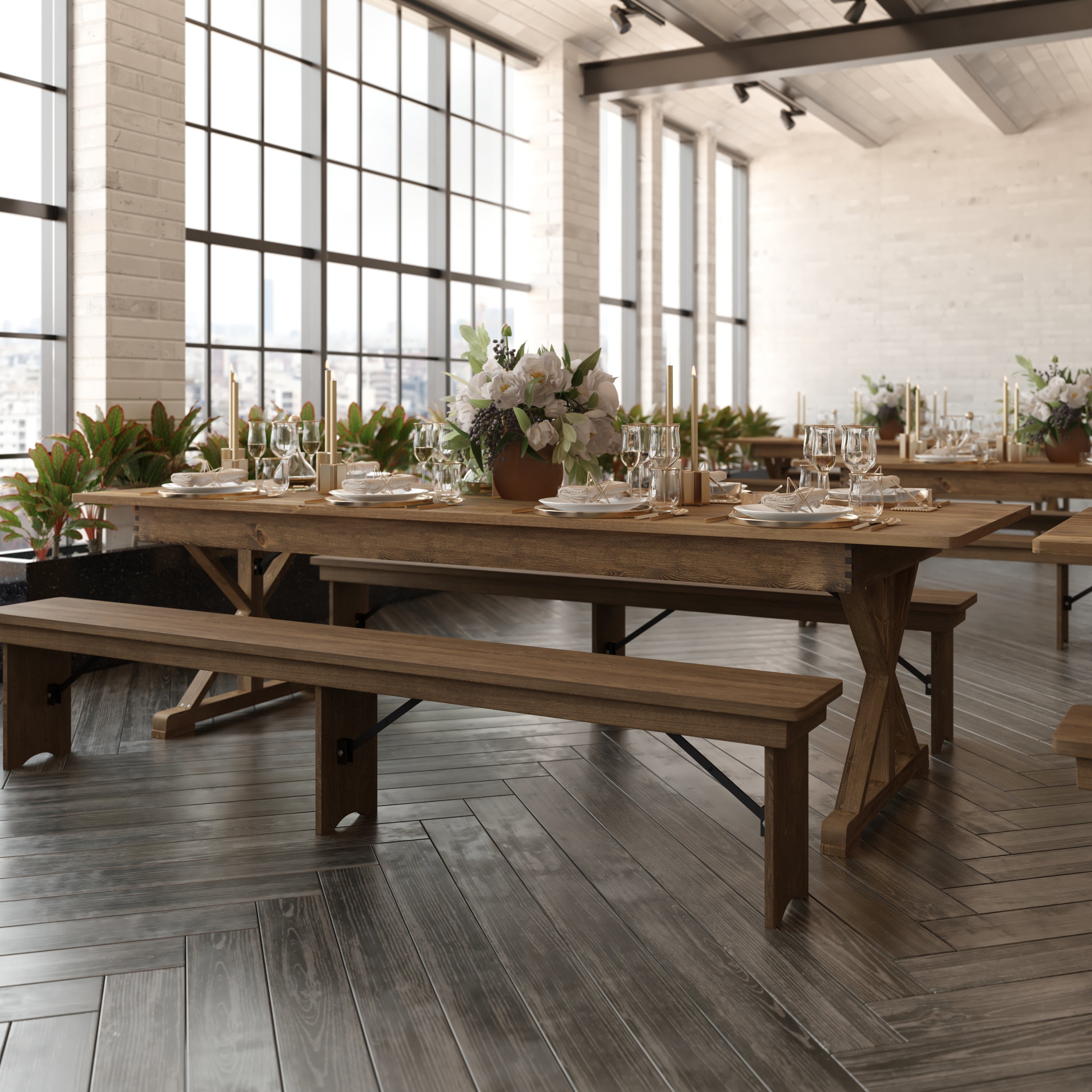 HERCULES 9' x 40" Rectangular Antique Rustic Solid Pine Folding Farm Table with X Legs