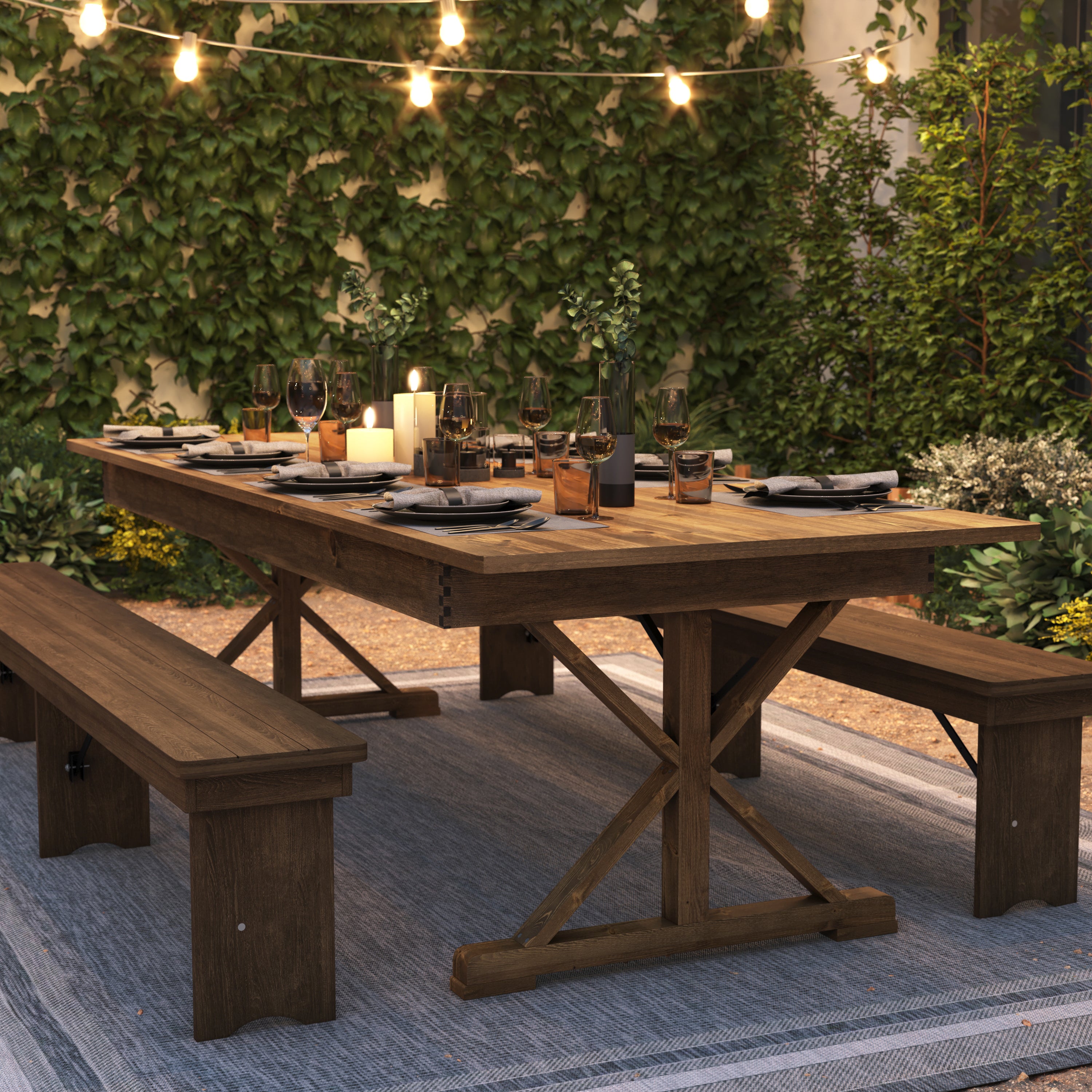 HERCULES 9' x 40" Rectangular Antique Rustic Solid Pine Folding Farm Table with X Legs