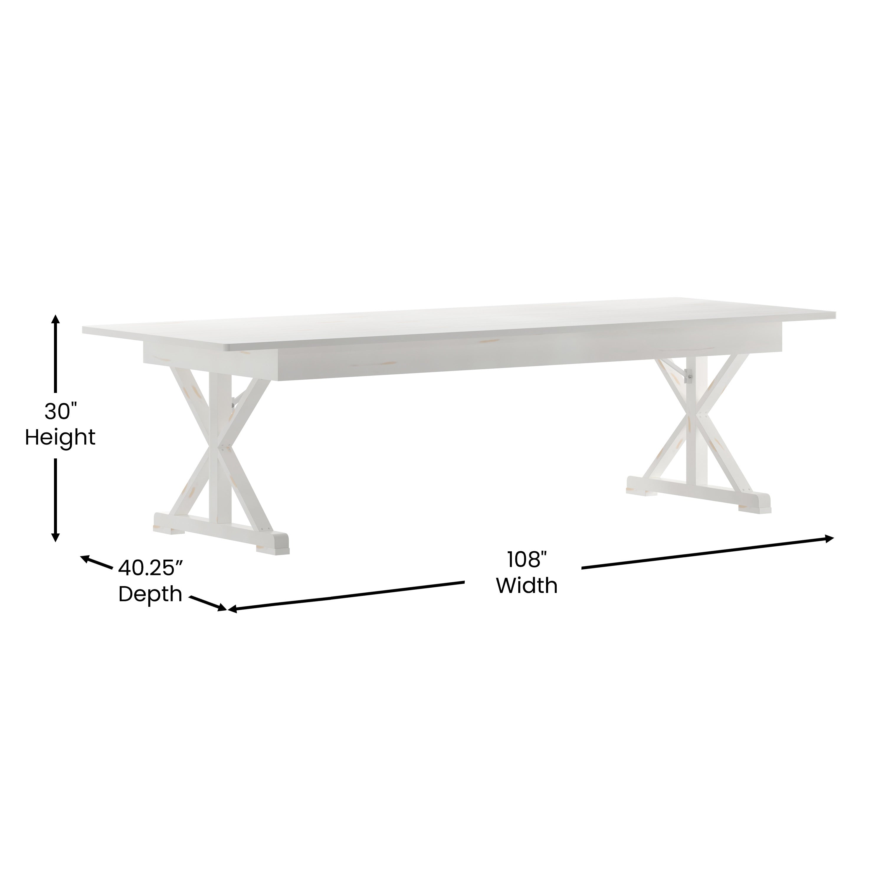 HERCULES 9' x 40" Rectangular Antique Rustic White Solid Pine Folding Farm Table with X Legs