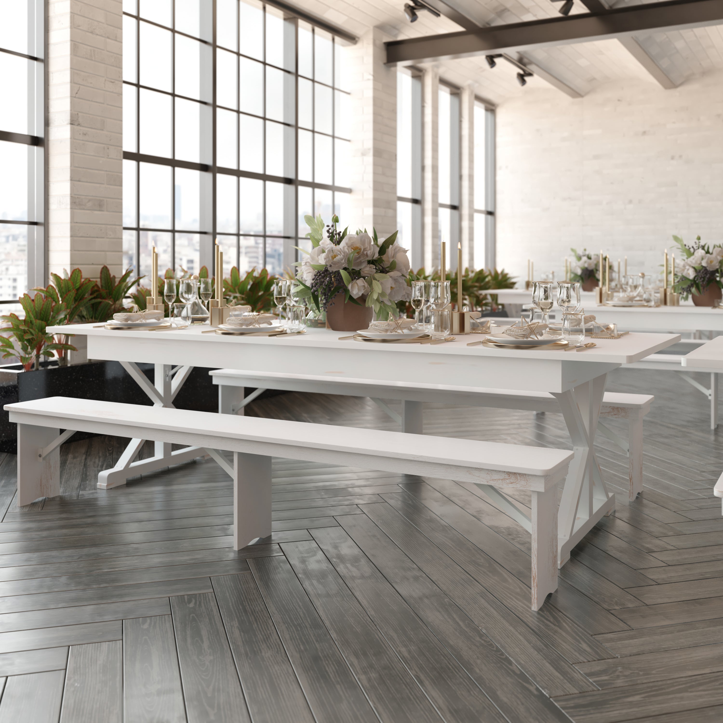 HERCULES 9' x 40" Rectangular Antique Rustic White Solid Pine Folding Farm Table with X Legs