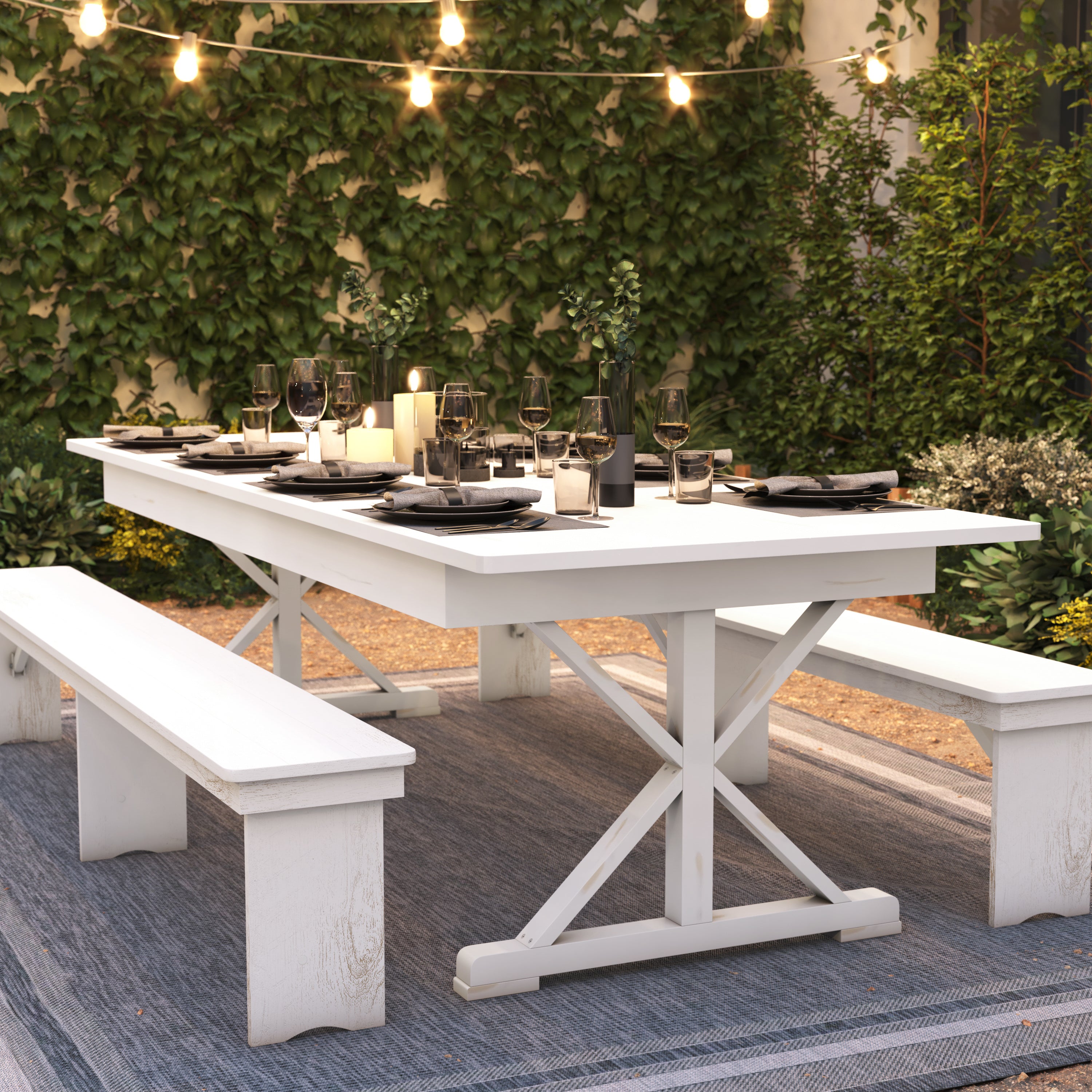 HERCULES 9' x 40" Rectangular Antique Rustic White Solid Pine Folding Farm Table with X Legs