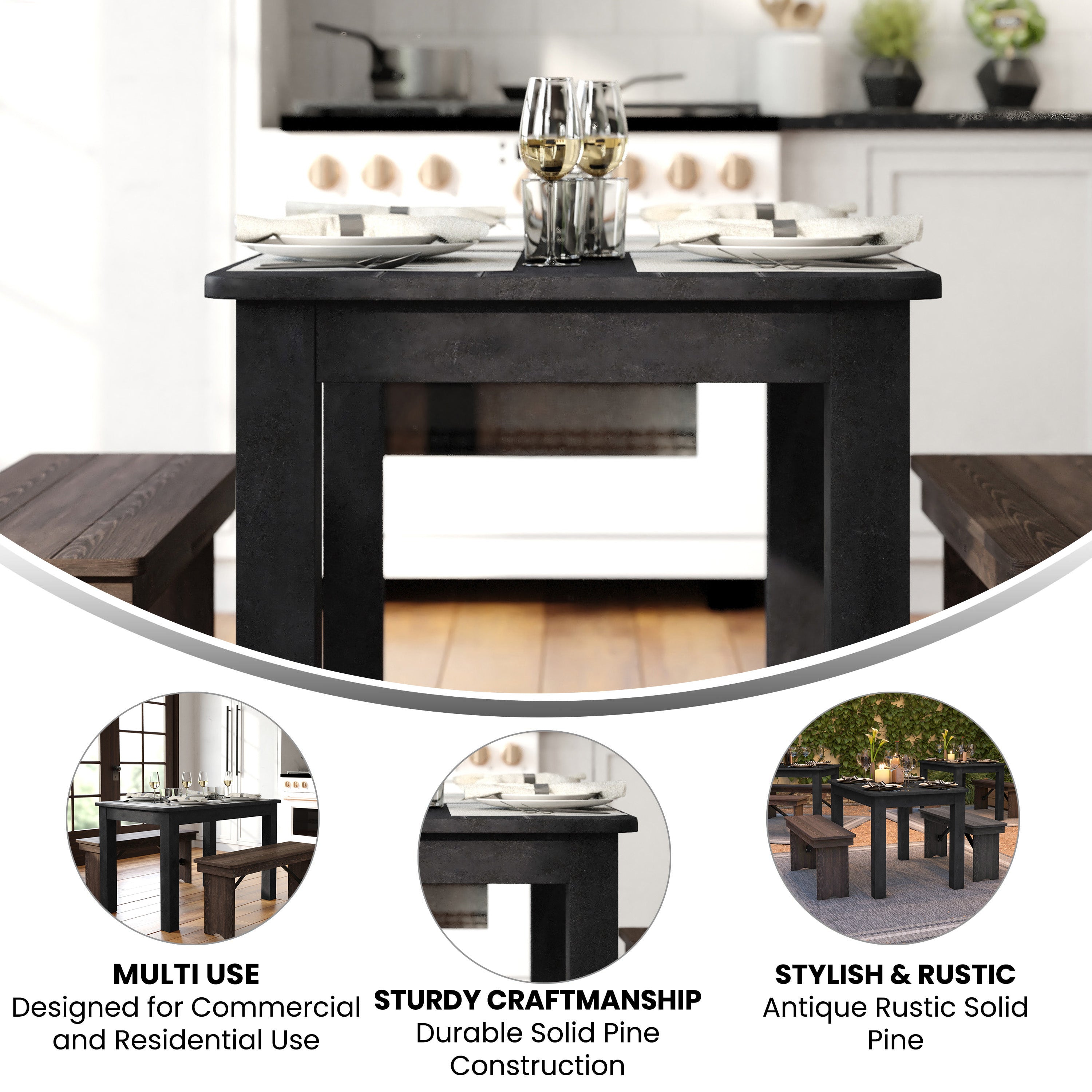 HERCULES 46" x 30" Rectangular Black Wash Solid Pine Farm Dining Table