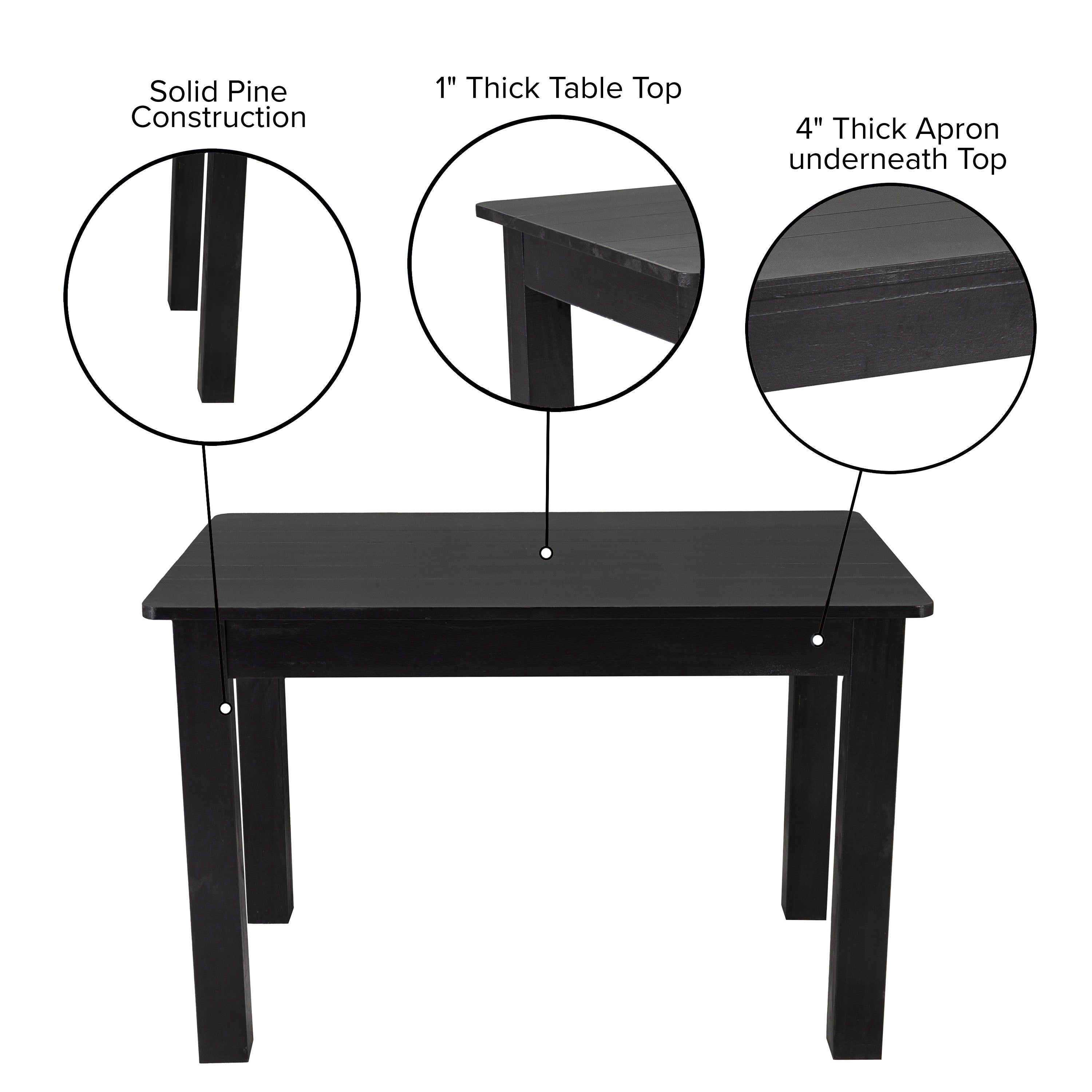 HERCULES 46" x 30" Rectangular Black Wash Solid Pine Farm Dining Table