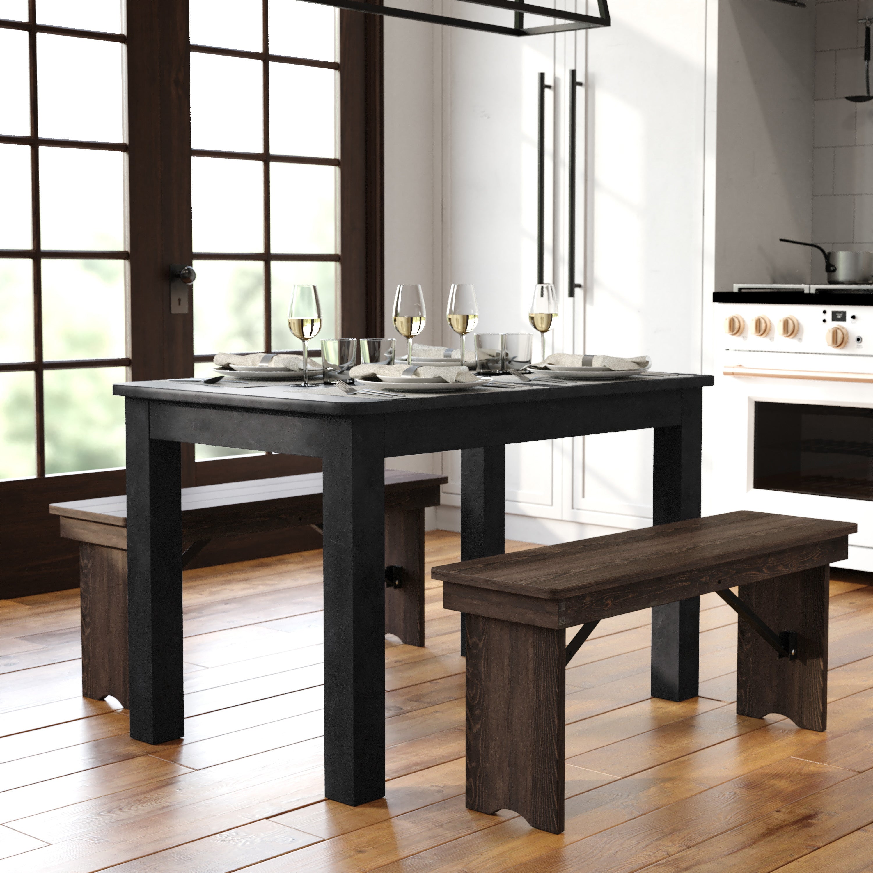 HERCULES 46" x 30" Rectangular Black Wash Solid Pine Farm Dining Table