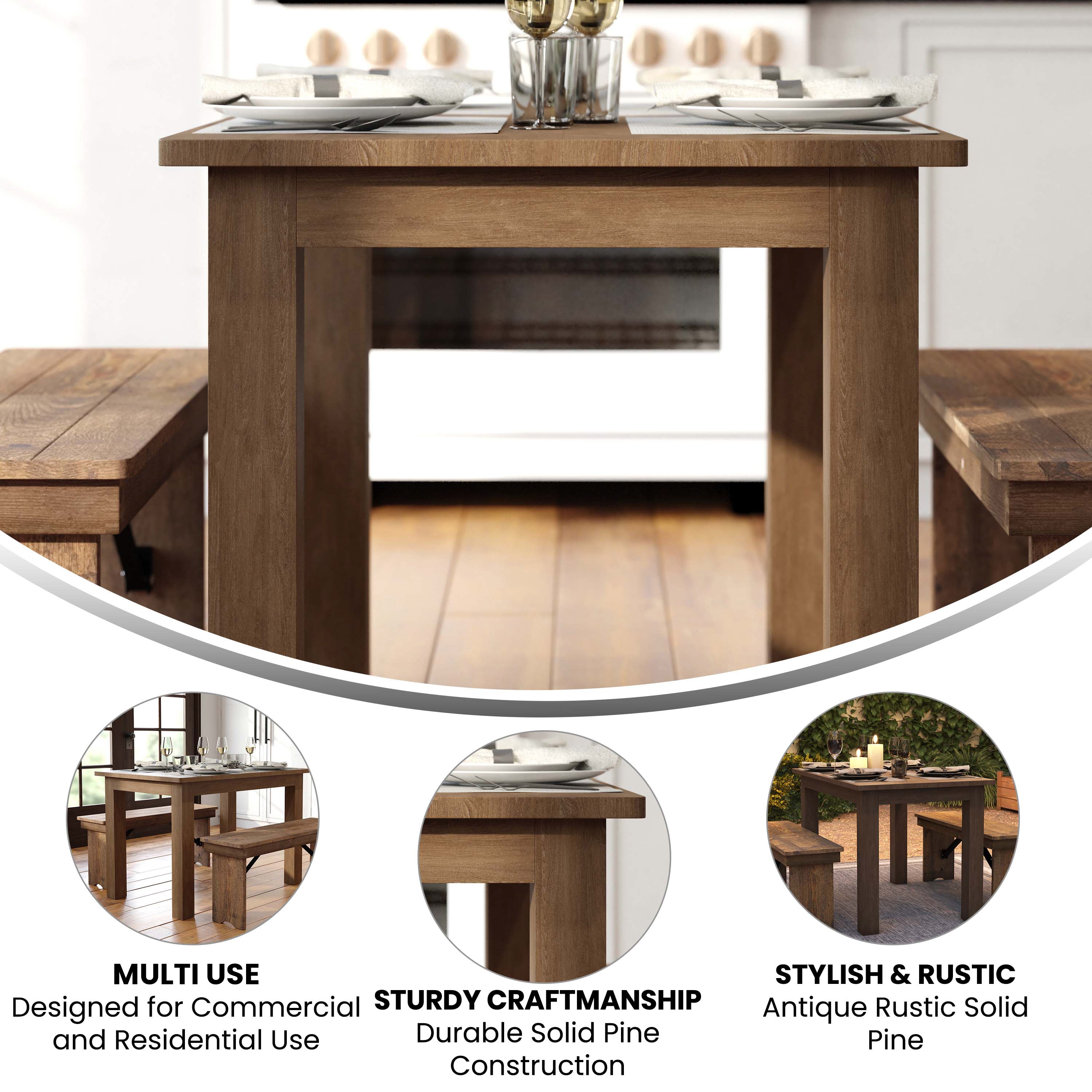 HERCULES 46" x 30" Rectangular Antique Rustic Solid Pine Farm Dining Table