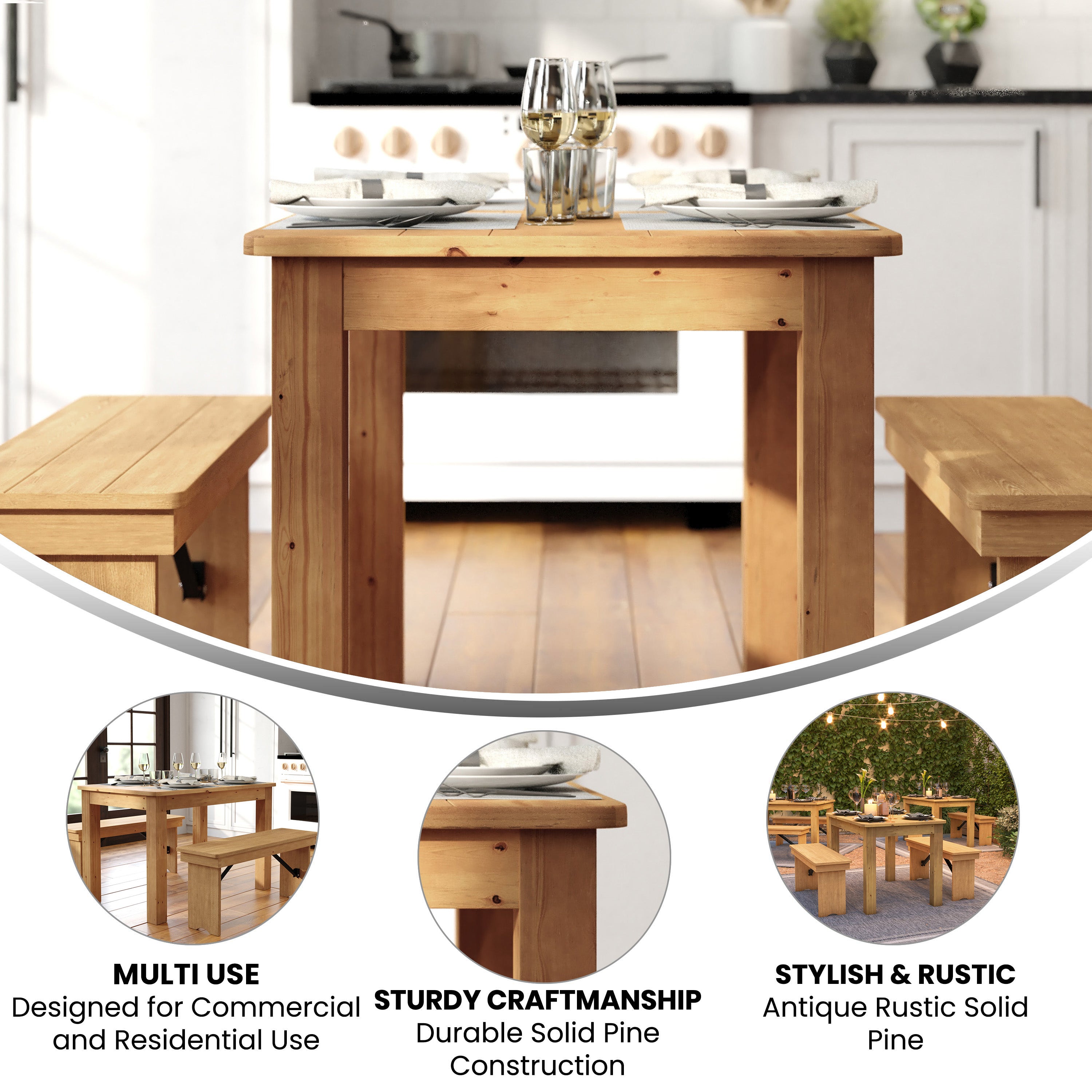 HERCULES 46" x 30" Rectangular Antique Rustic Light Natural Solid Pine Farm Dining Table