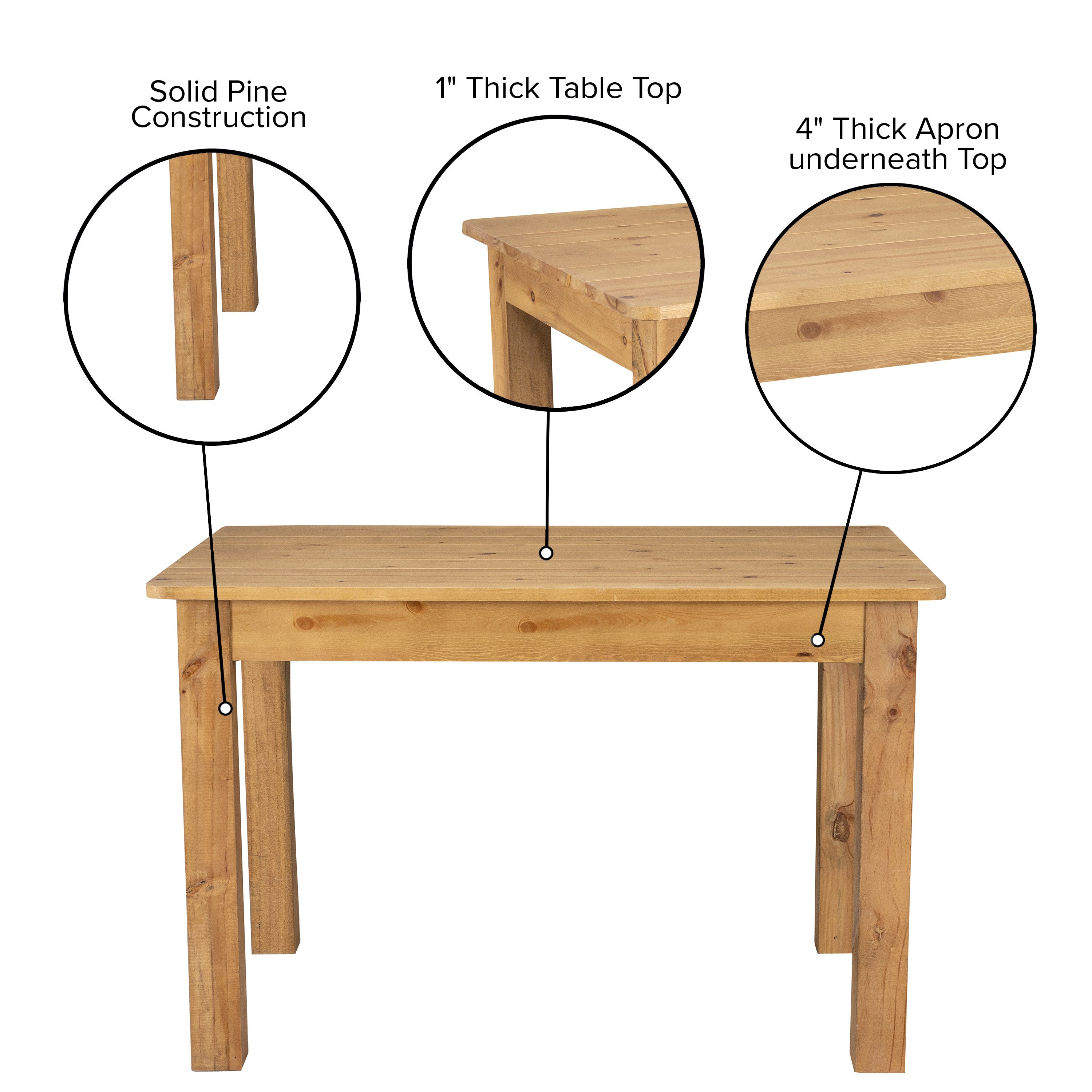 HERCULES 46" x 30" Rectangular Antique Rustic Light Natural Solid Pine Farm Dining Table