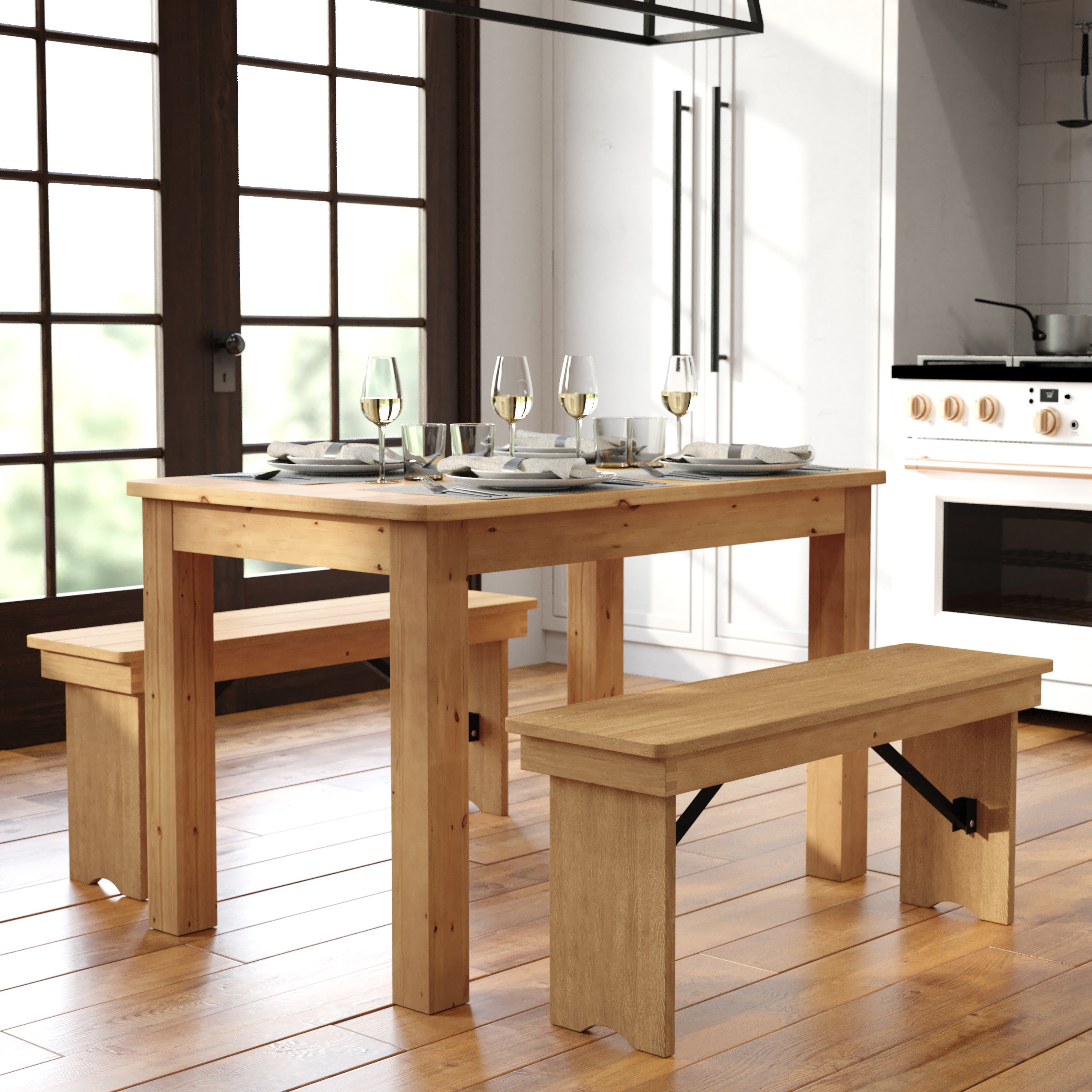 HERCULES 46" x 30" Rectangular Antique Rustic Light Natural Solid Pine Farm Dining Table