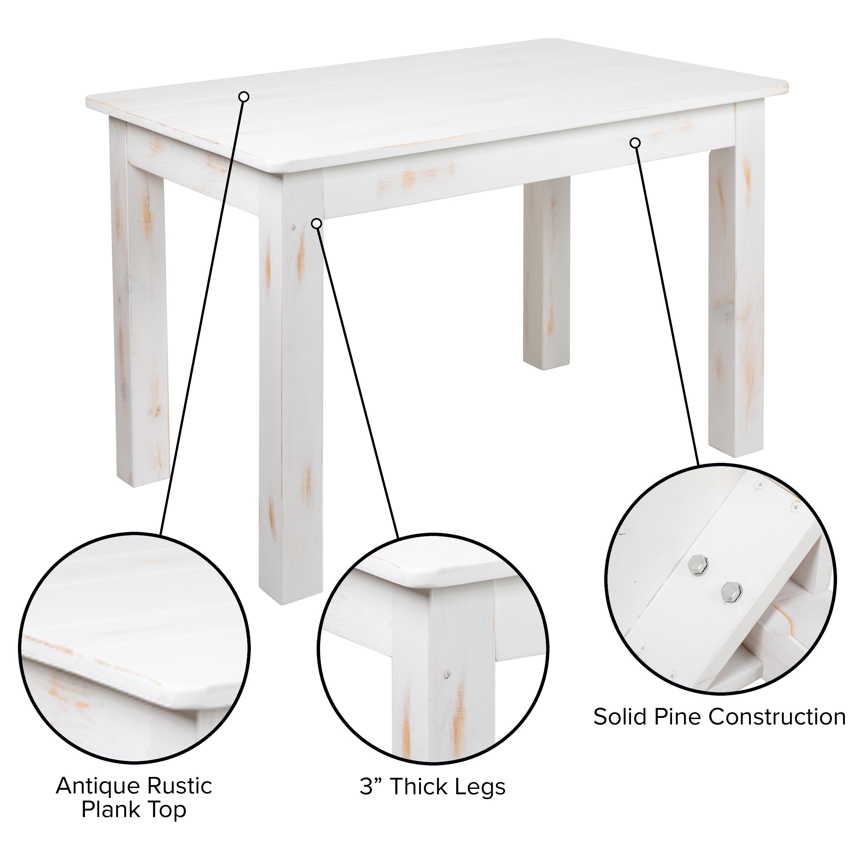 HERCULES Series 46" x 30" Rectangular Antique Rustic White Solid Pine Farm Dining Table