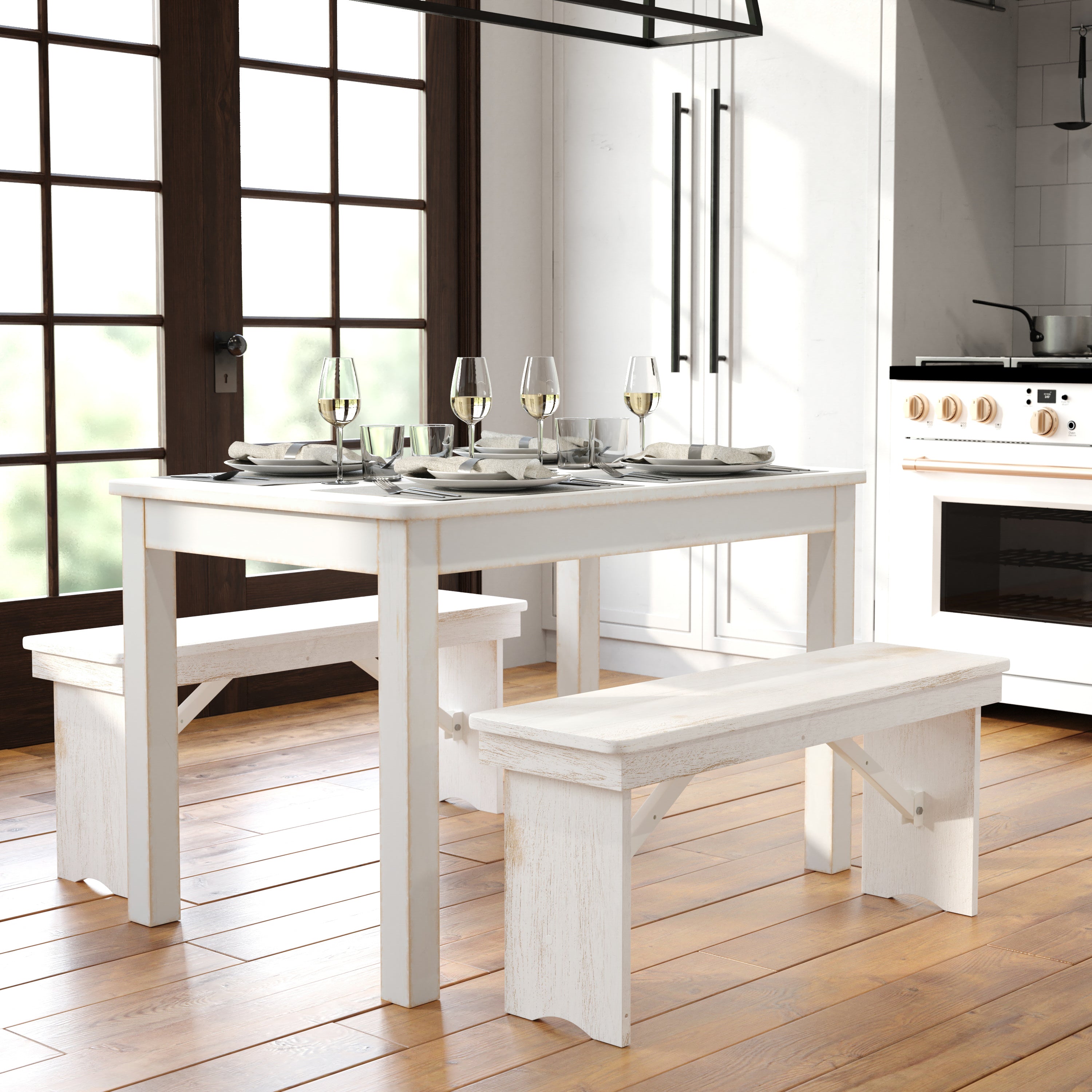 HERCULES Series 46" x 30" Rectangular Antique Rustic White Solid Pine Farm Dining Table