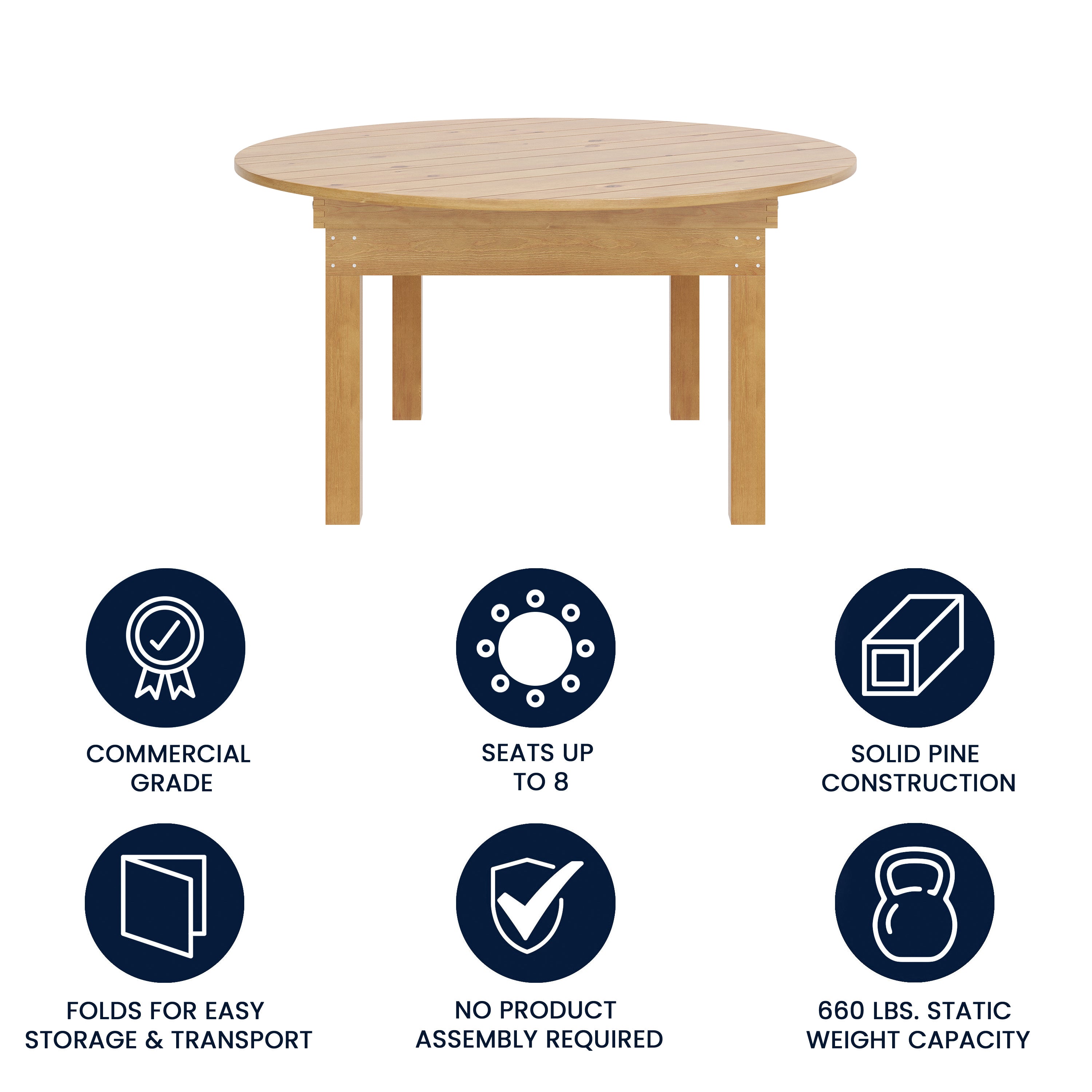 HERCULES 60" Round Light Natural Commercial Farmhouse Folding Table, Antique Rustic Solid Pine Dining Room Table with Foldable Locking Legs