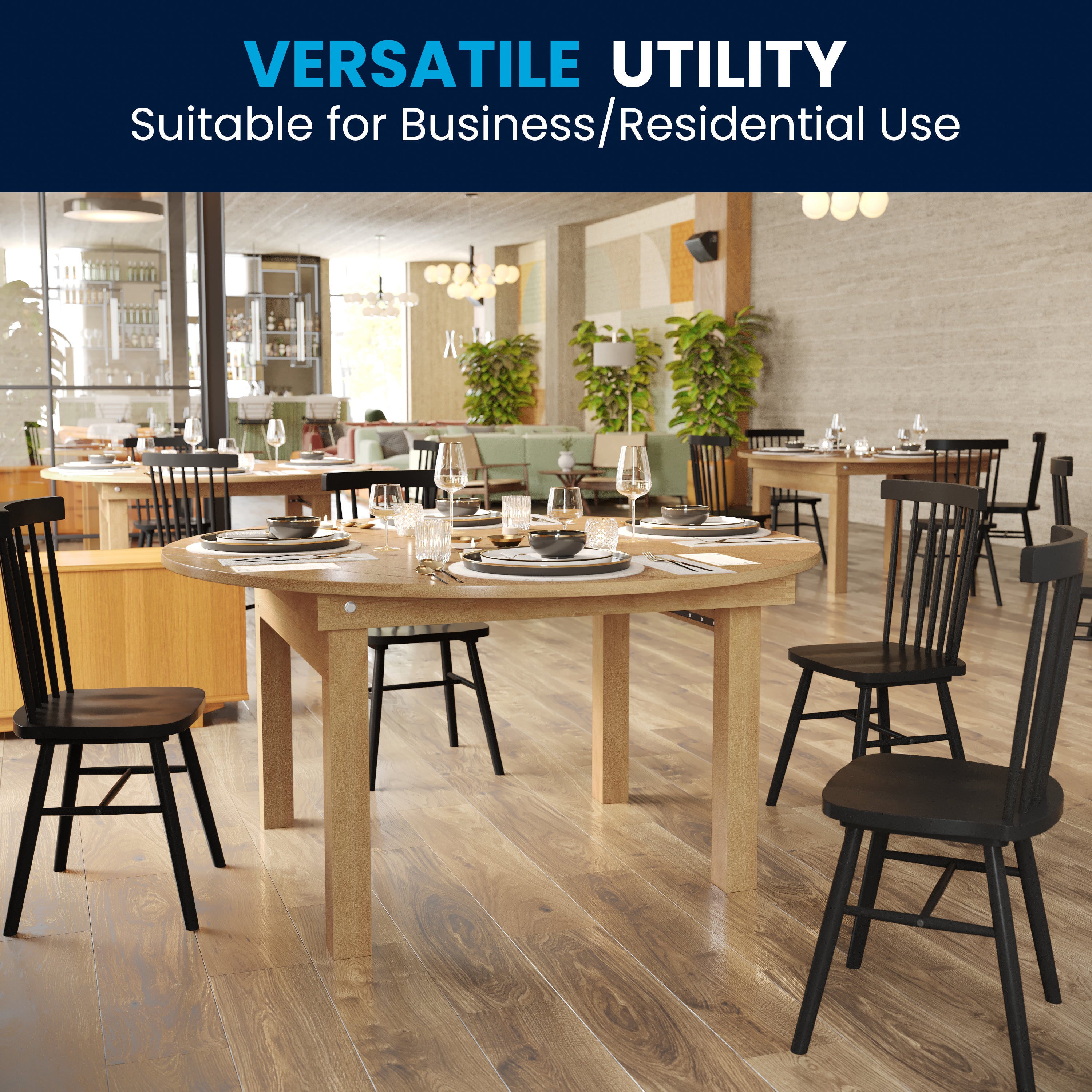 HERCULES 60" Round Light Natural Commercial Farmhouse Folding Table, Antique Rustic Solid Pine Dining Room Table with Foldable Locking Legs