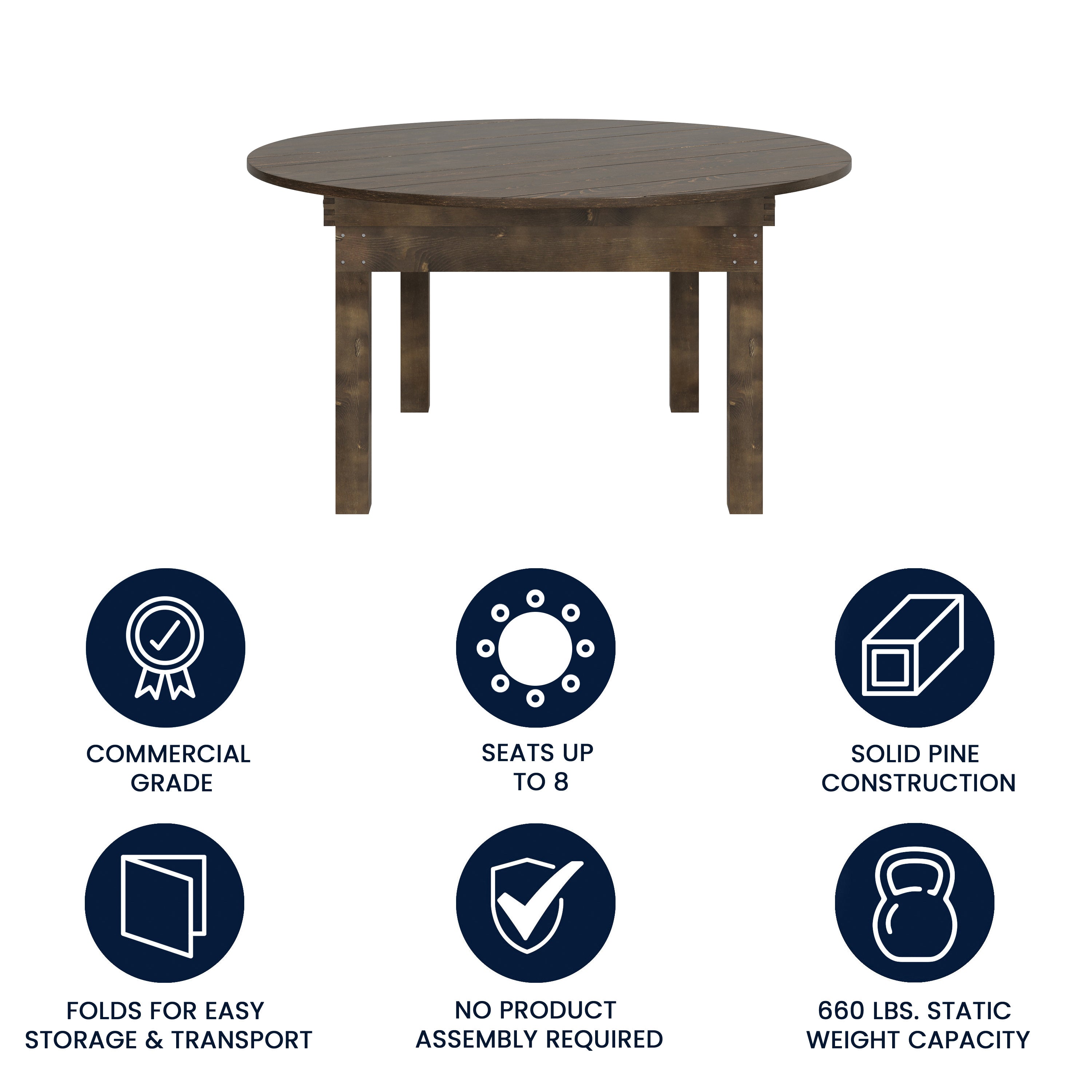 HERCULES 60" Round Mahogany Commercial Farmhouse Folding Table, Antique Rustic Solid Pine Dining Room Table with Foldable Locking Legs