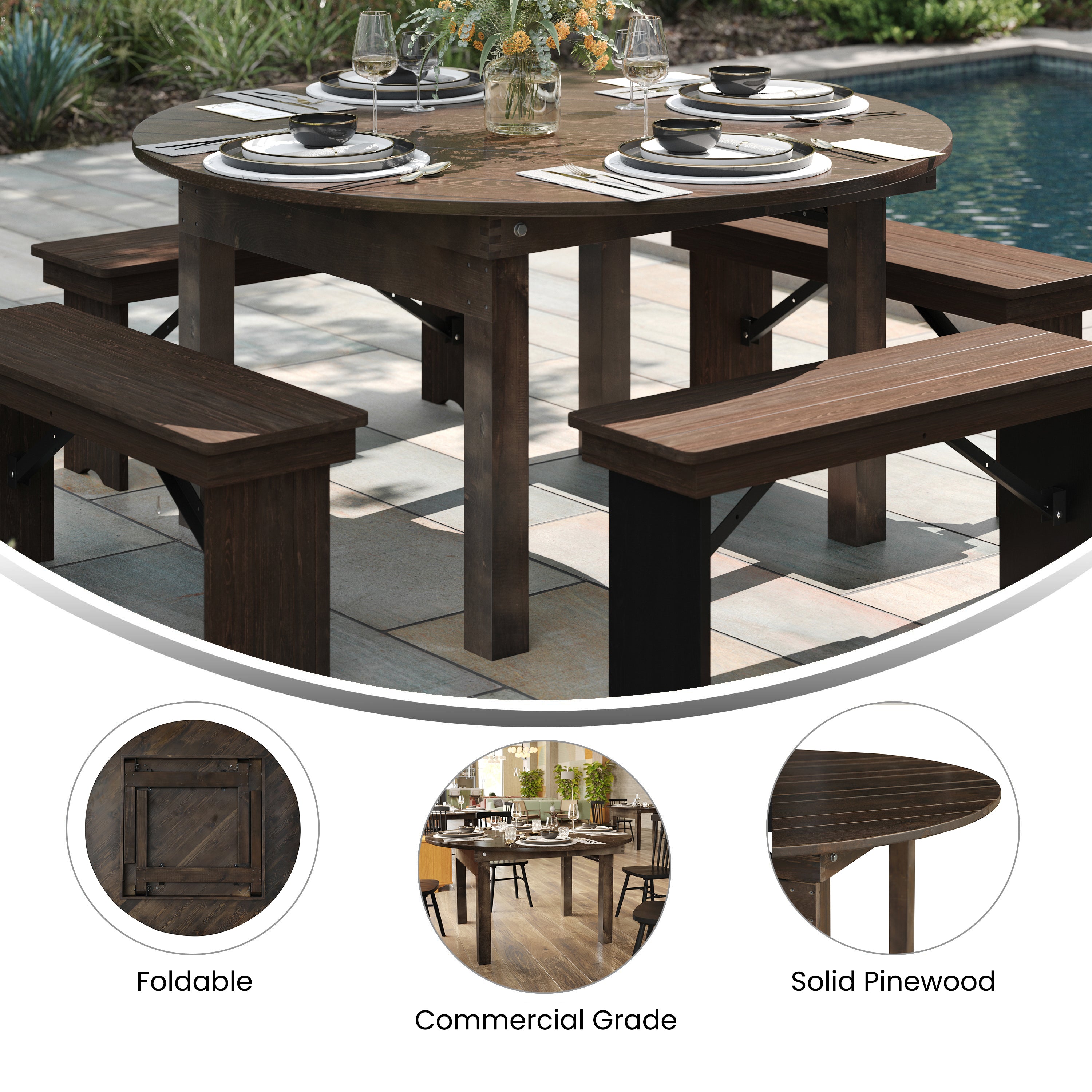 HERCULES 60" Round Mahogany Commercial Farmhouse Folding Table, Antique Rustic Solid Pine Dining Room Table with Foldable Locking Legs
