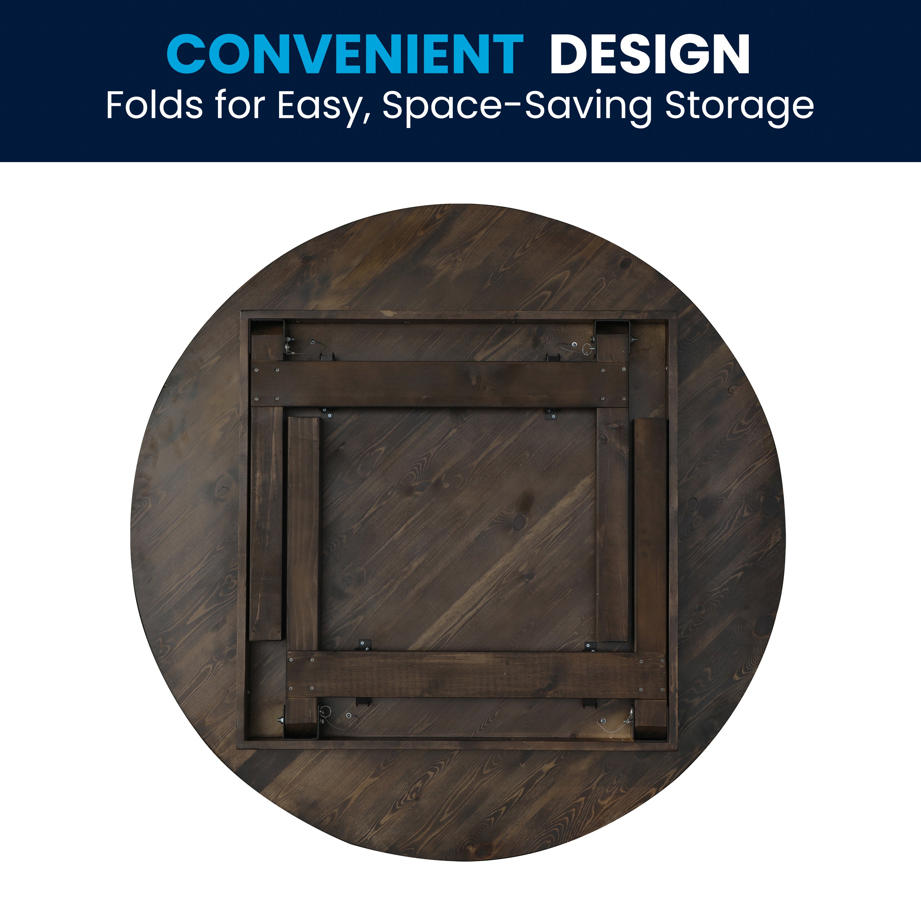 HERCULES 60" Round Mahogany Commercial Farmhouse Folding Table, Antique Rustic Solid Pine Dining Room Table with Foldable Locking Legs