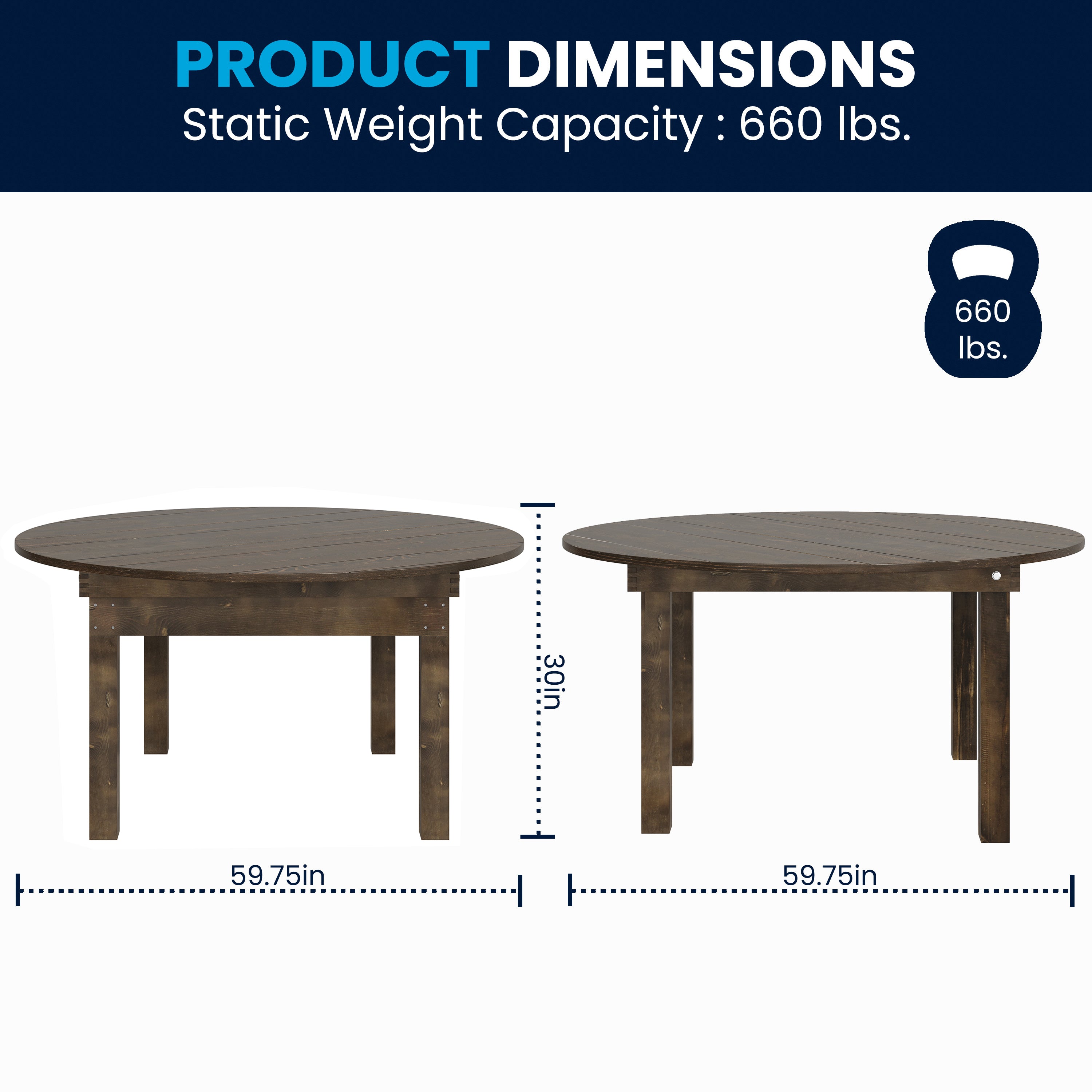 HERCULES 60" Round Mahogany Commercial Farmhouse Folding Table, Antique Rustic Solid Pine Dining Room Table with Foldable Locking Legs
