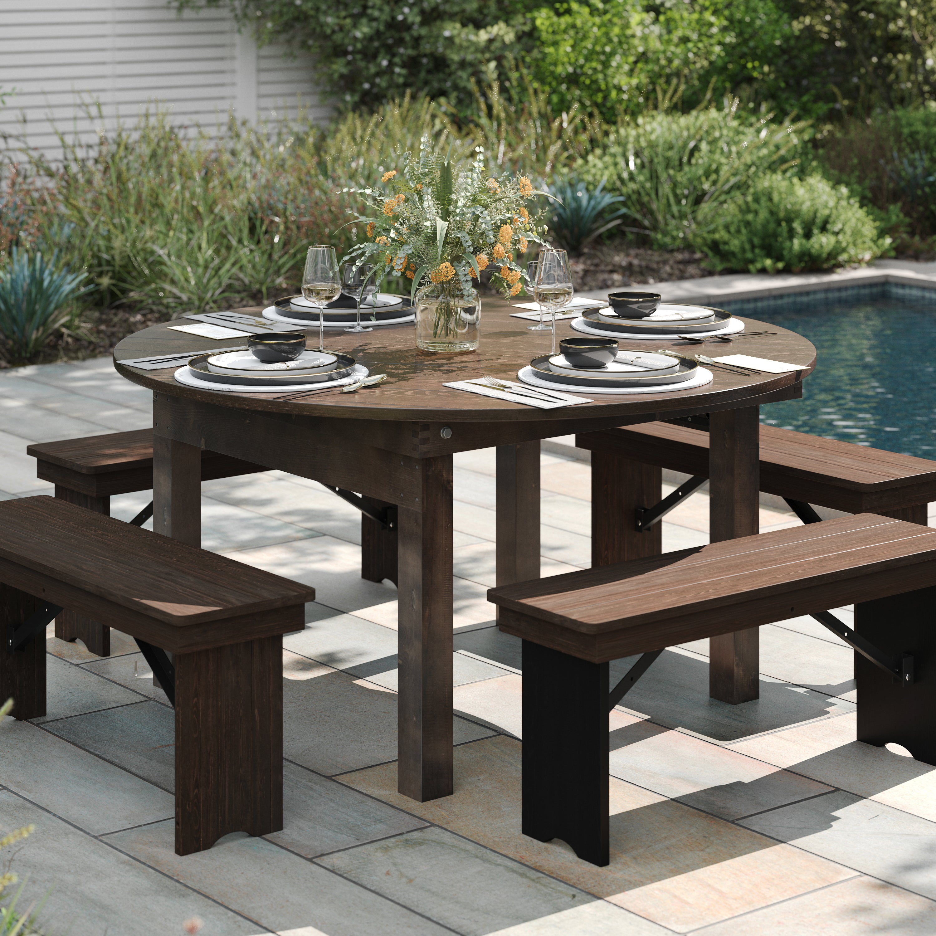 HERCULES 60" Round Mahogany Commercial Farmhouse Folding Table, Antique Rustic Solid Pine Dining Room Table with Foldable Locking Legs