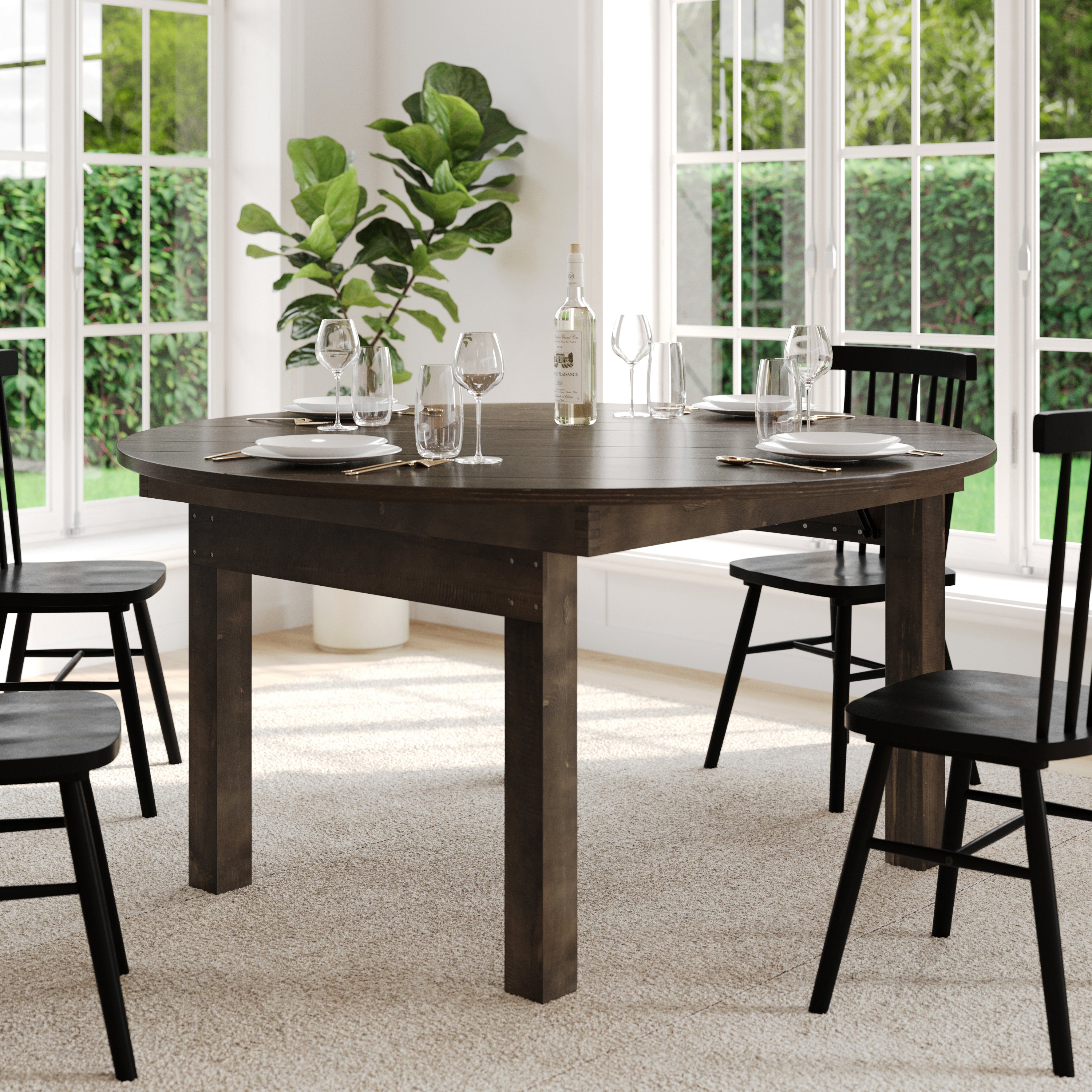 HERCULES 60" Round Mahogany Commercial Farmhouse Folding Table, Antique Rustic Solid Pine Dining Room Table with Foldable Locking Legs