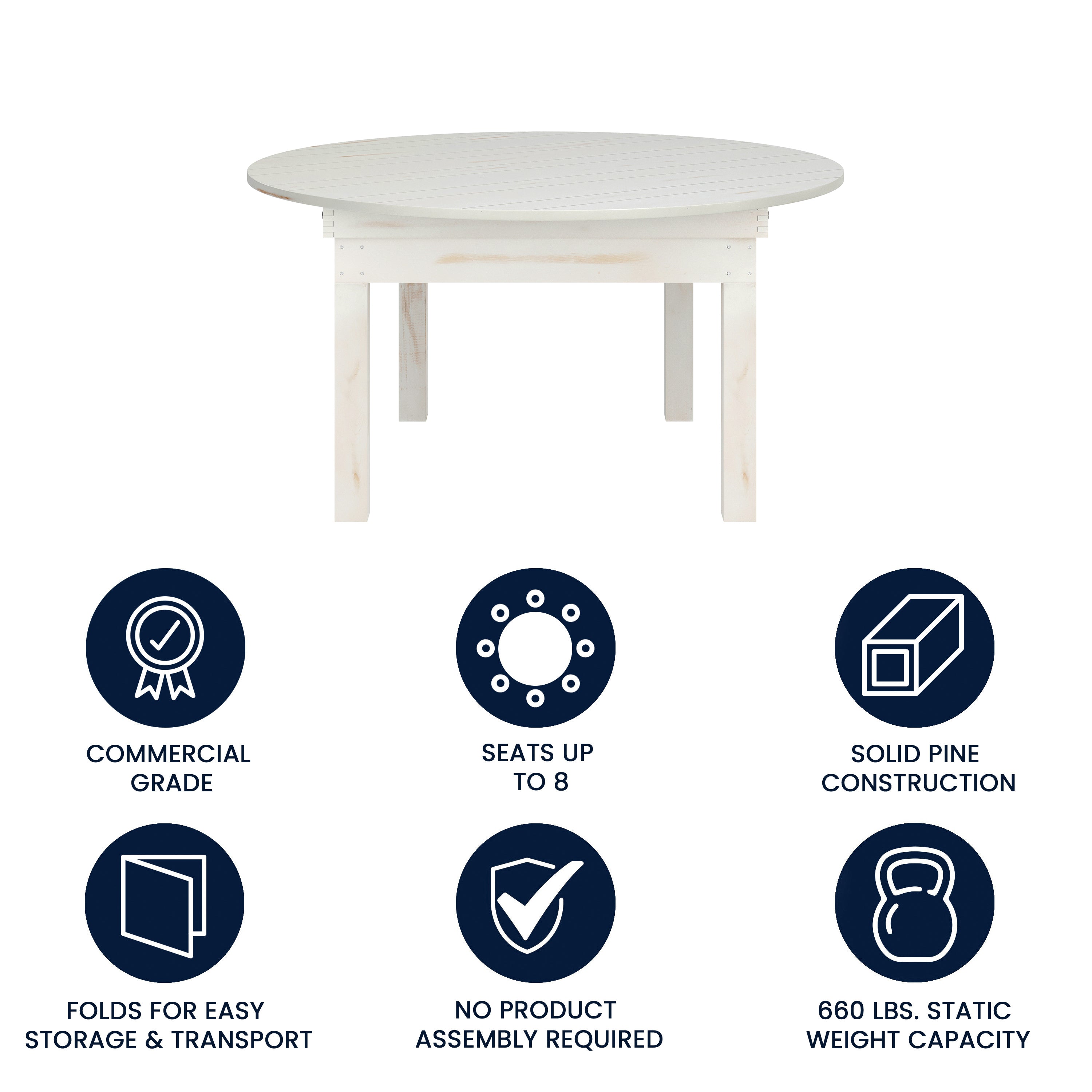 HERCULES 60" Round White Commercial Farmhouse Folding Table, Antique Rustic Solid Pine Dining Room Table with Foldable Locking Legs