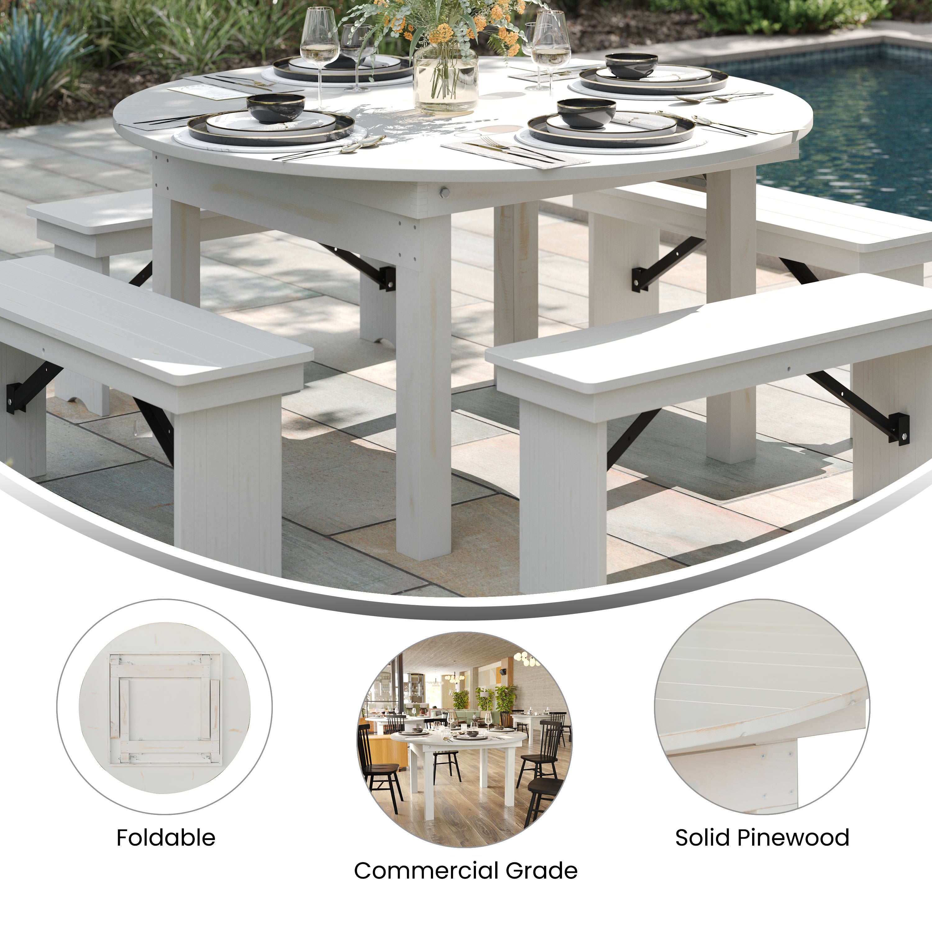 HERCULES 60" Round White Commercial Farmhouse Folding Table, Antique Rustic Solid Pine Dining Room Table with Foldable Locking Legs