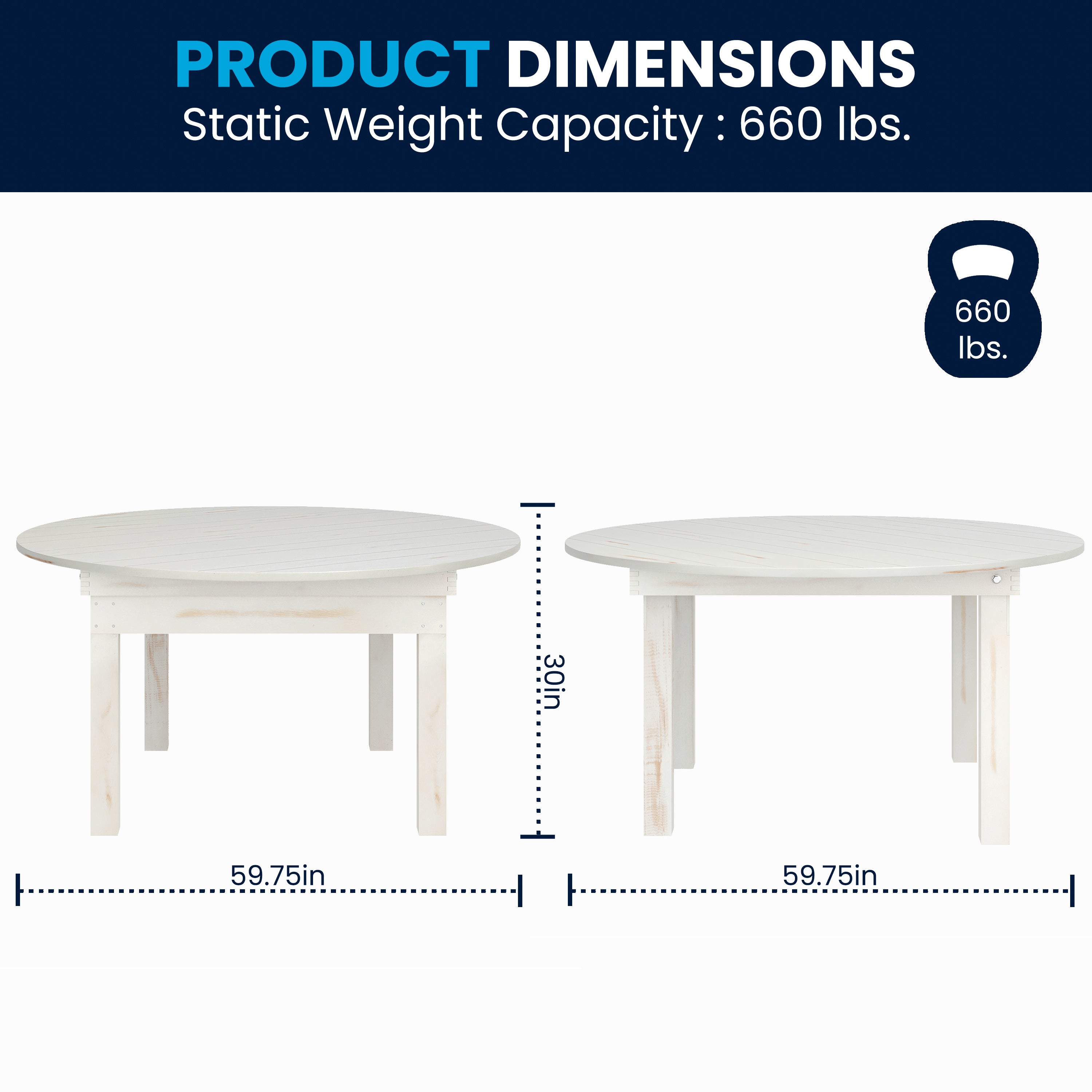 HERCULES 60" Round White Commercial Farmhouse Folding Table, Antique Rustic Solid Pine Dining Room Table with Foldable Locking Legs