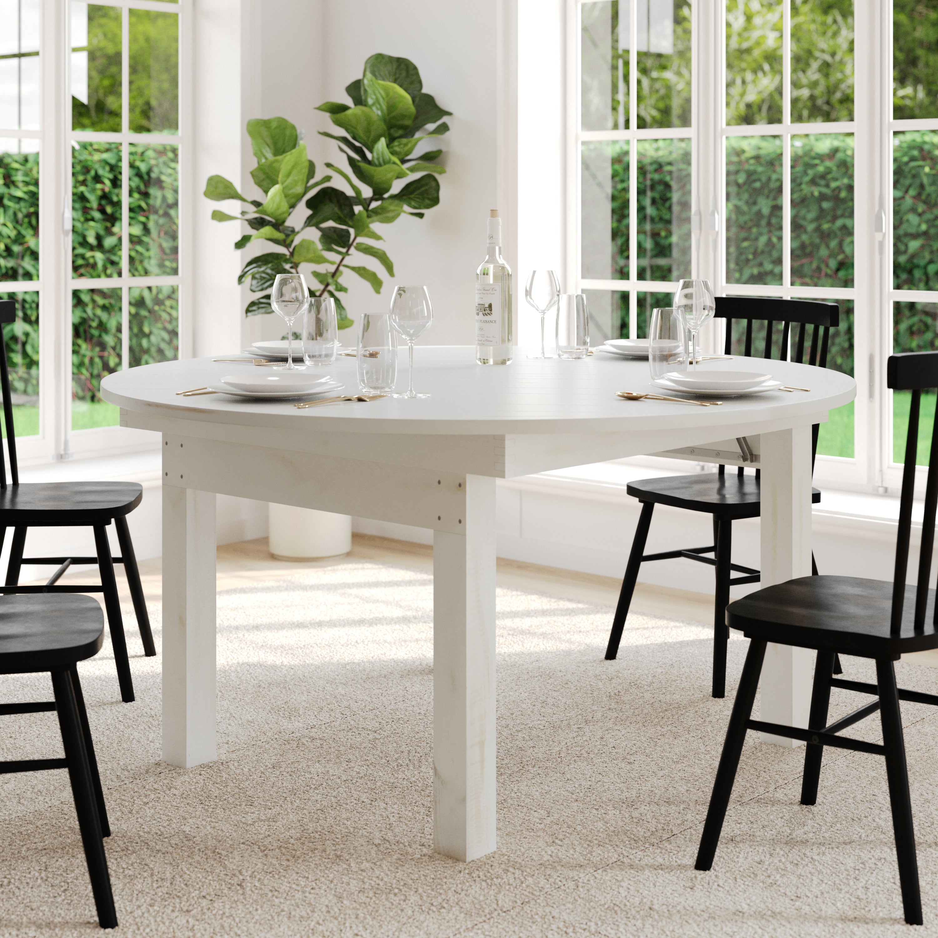 HERCULES 60" Round White Commercial Farmhouse Folding Table, Antique Rustic Solid Pine Dining Room Table with Foldable Locking Legs