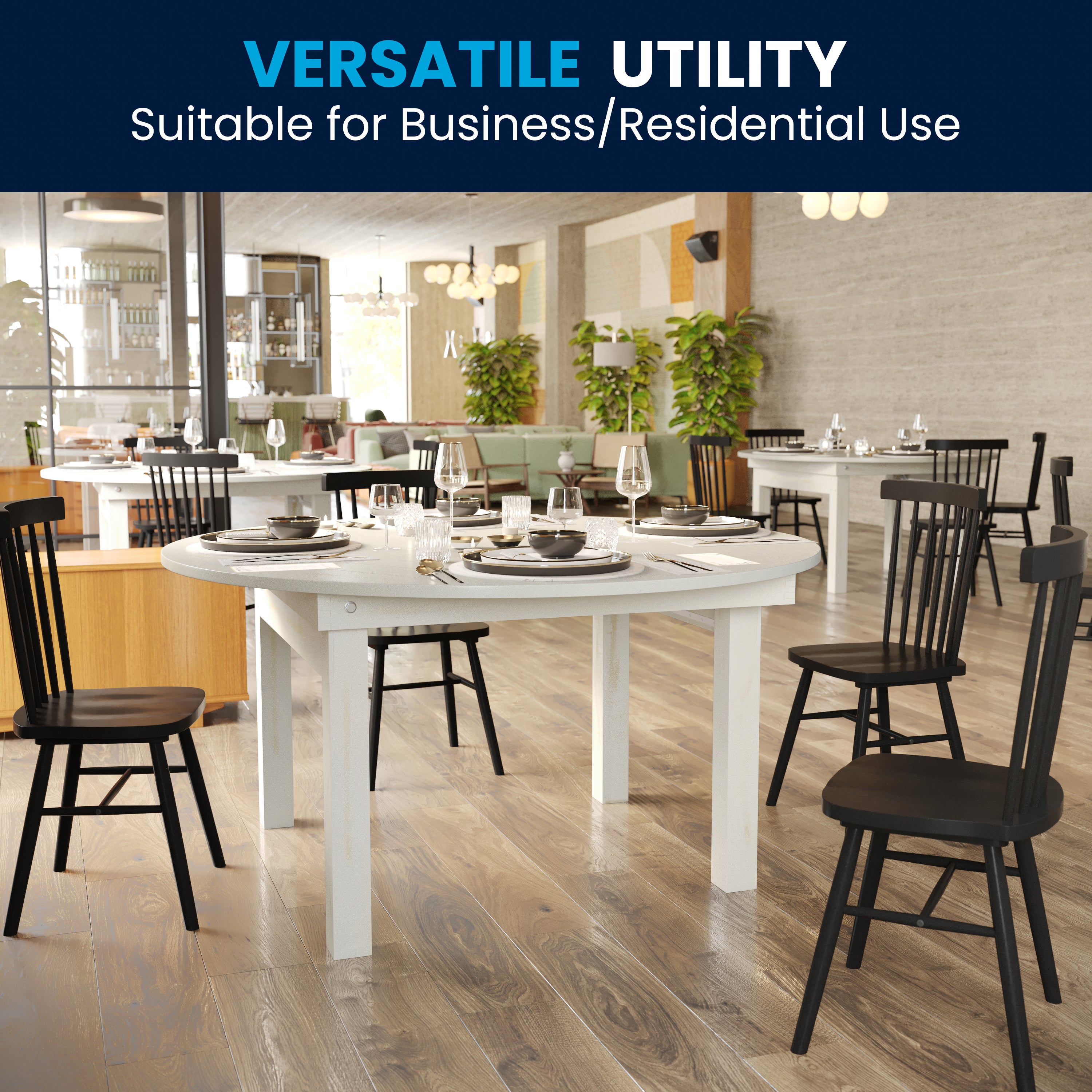 HERCULES 60" Round White Commercial Farmhouse Folding Table, Antique Rustic Solid Pine Dining Room Table with Foldable Locking Legs