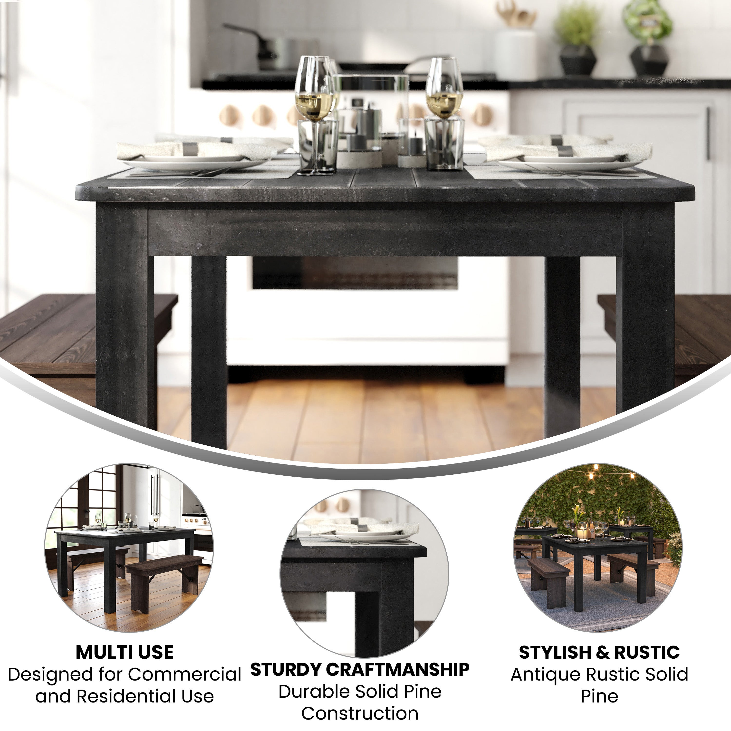 HERCULES 60" x 38" Rectangular Black Wash Solid Pine Farm Dining Table