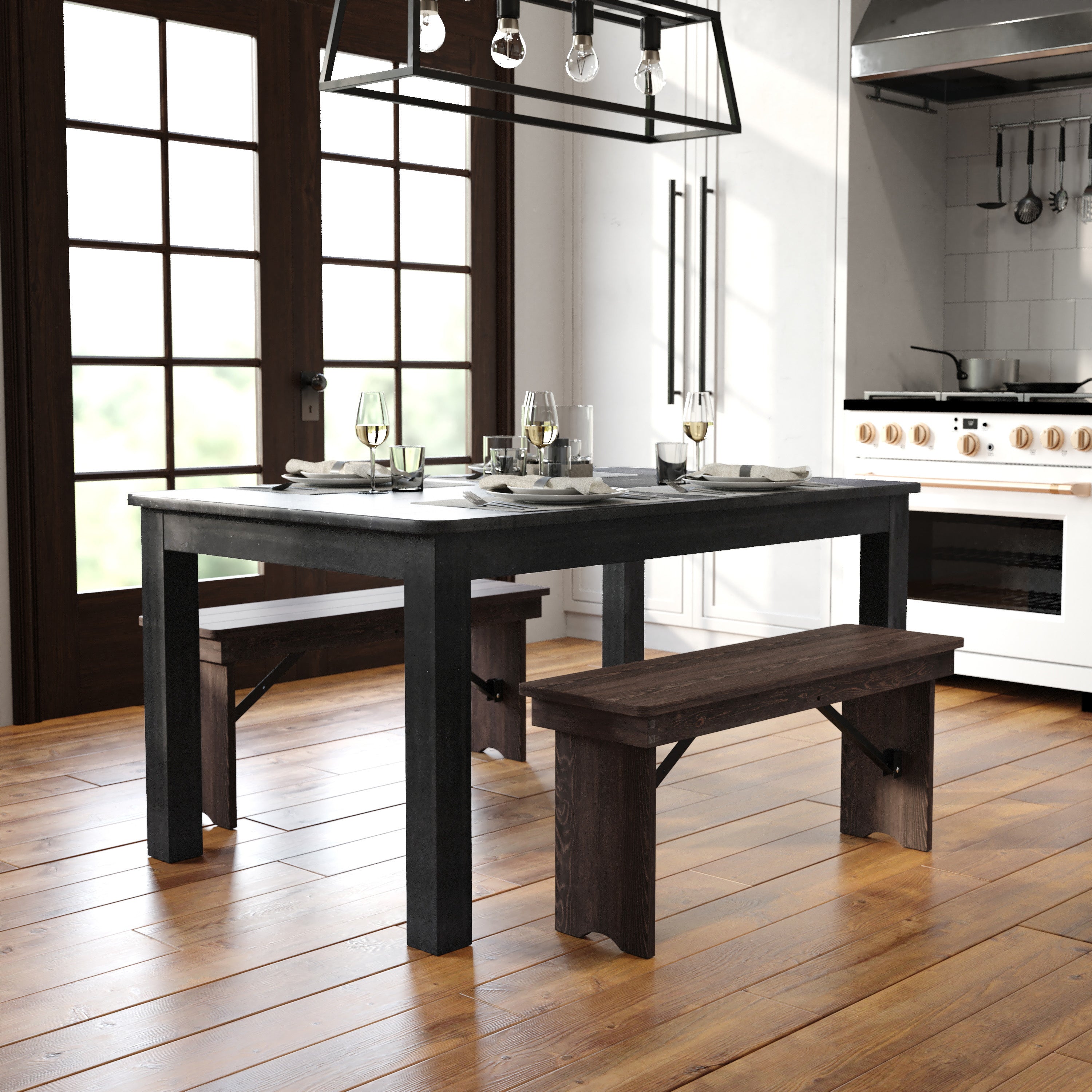 HERCULES 60" x 38" Rectangular Black Wash Solid Pine Farm Dining Table