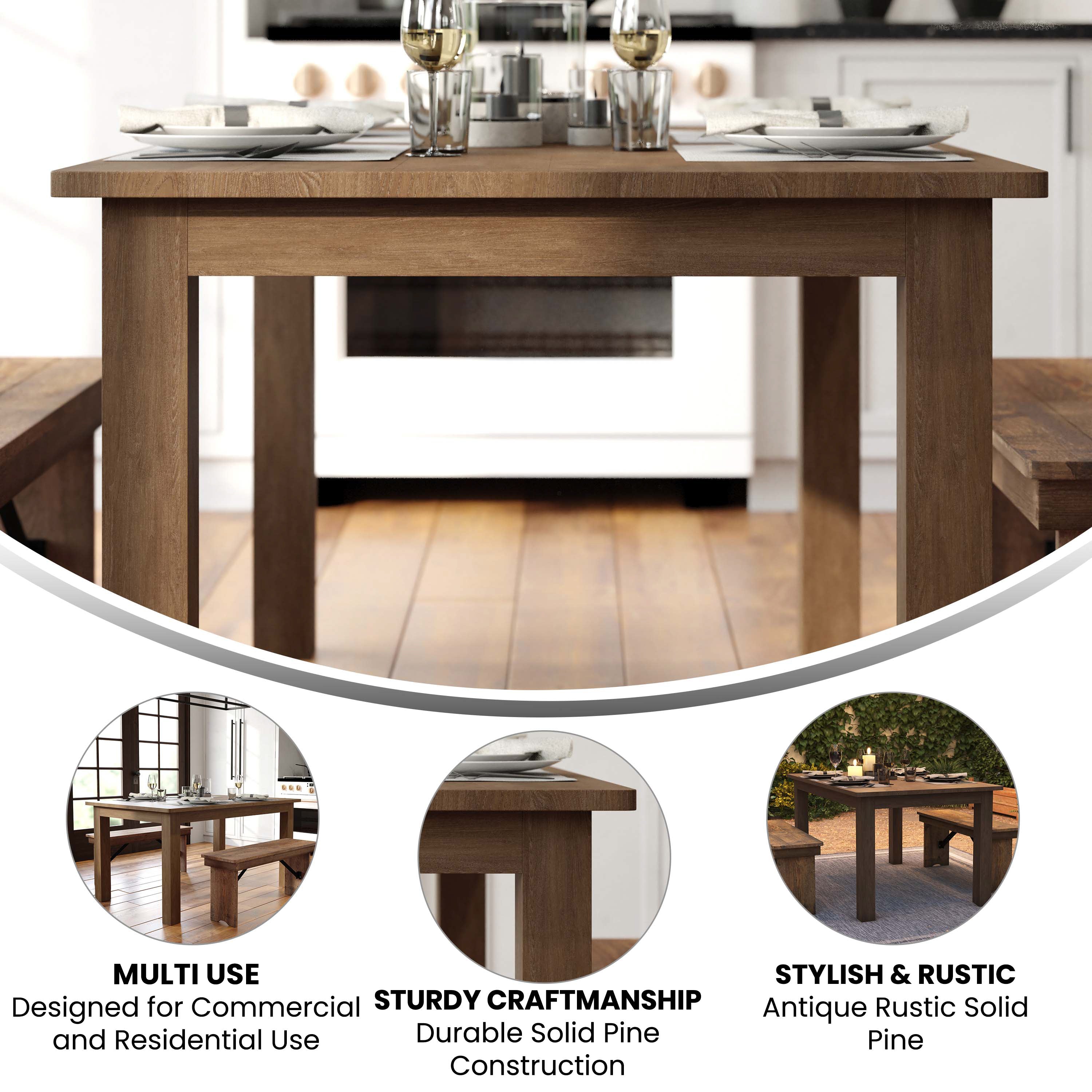 HERCULES 60" x 38" Rectangular Antique Rustic Solid Pine Farm Dining Table