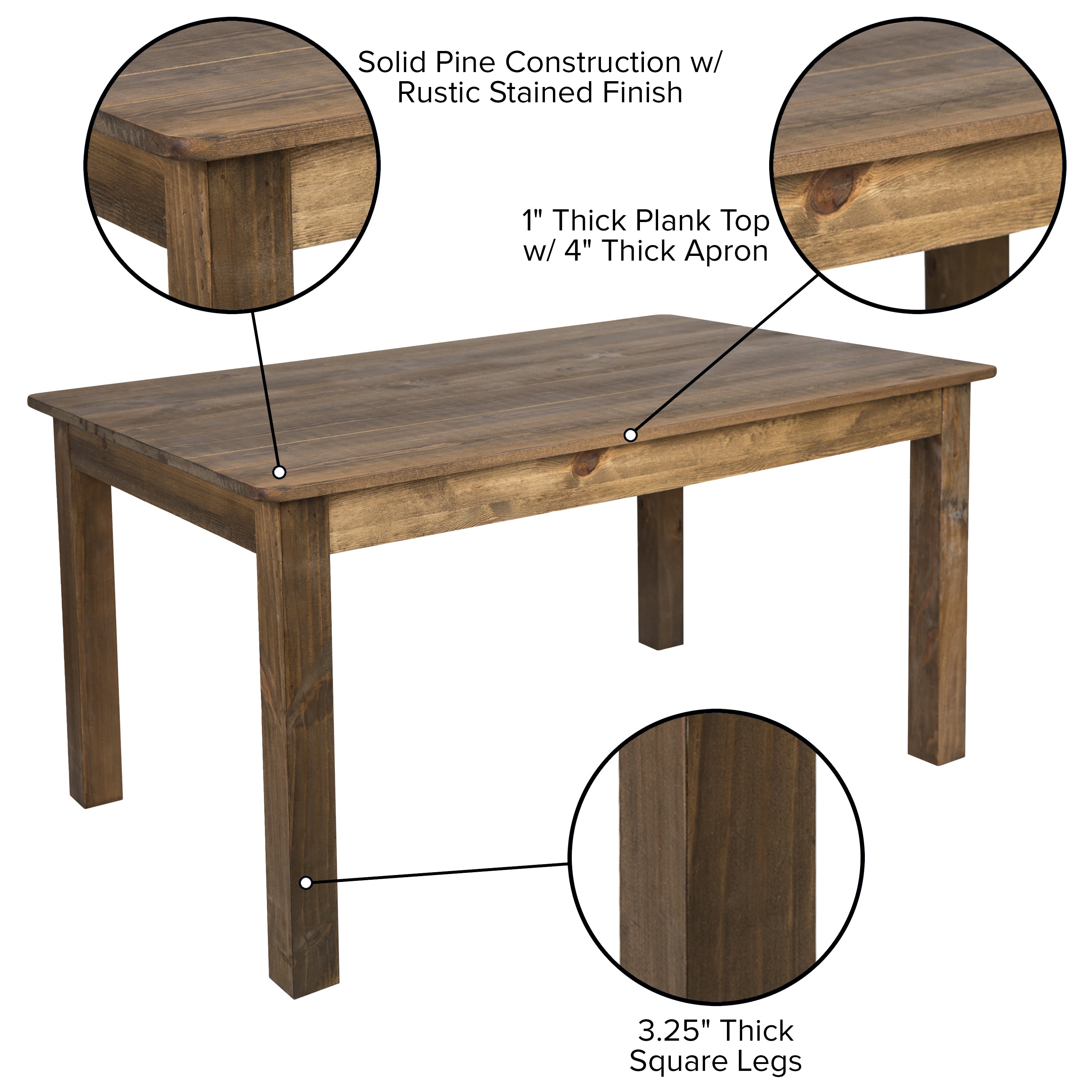 HERCULES 60" x 38" Rectangular Antique Rustic Solid Pine Farm Dining Table