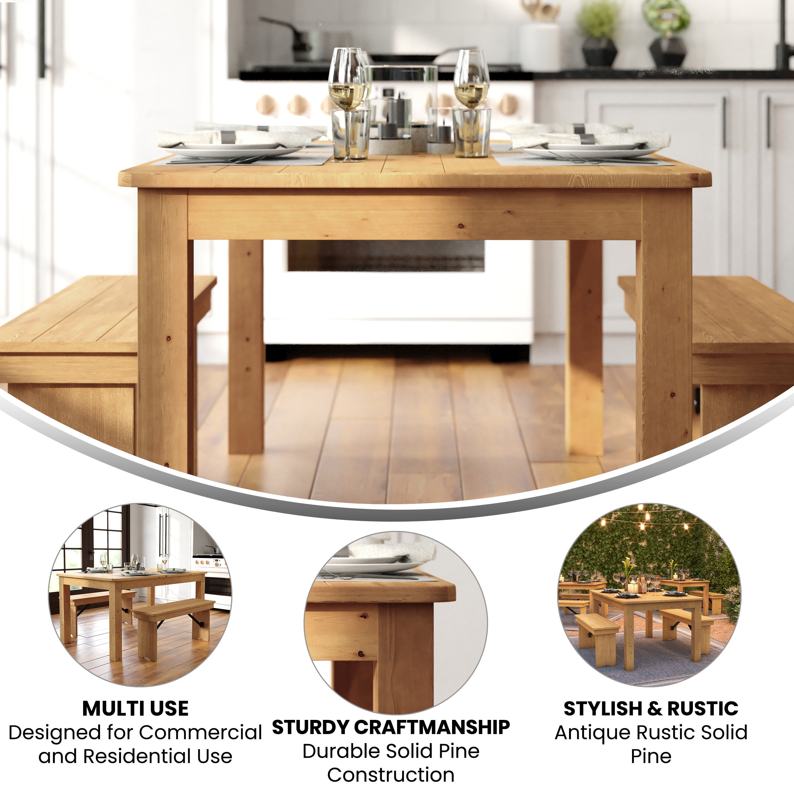 HERCULES 60" x 38" Rectangular Light Natural Solid Pine Farm Dining Table