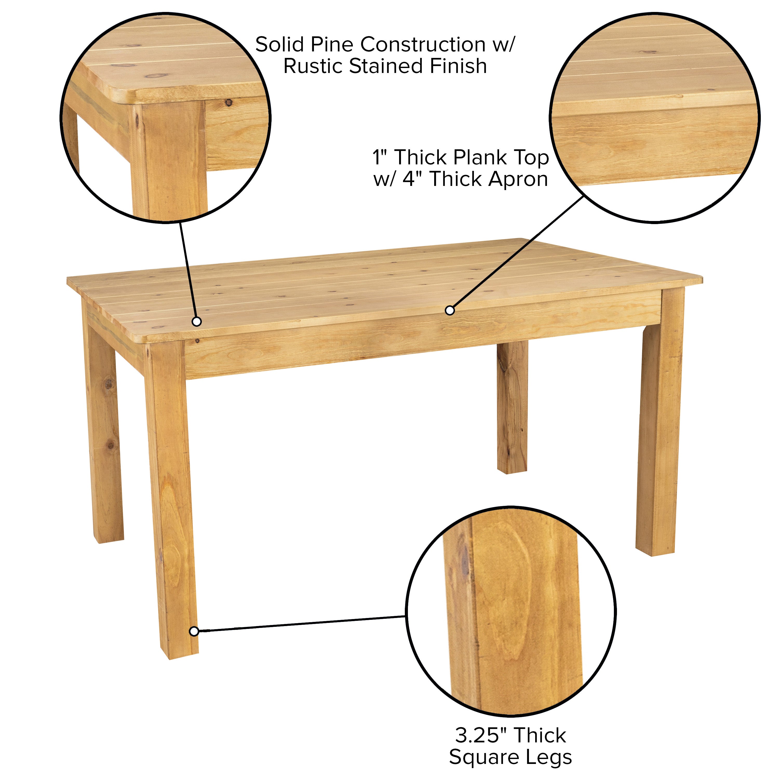 HERCULES 60" x 38" Rectangular Light Natural Solid Pine Farm Dining Table