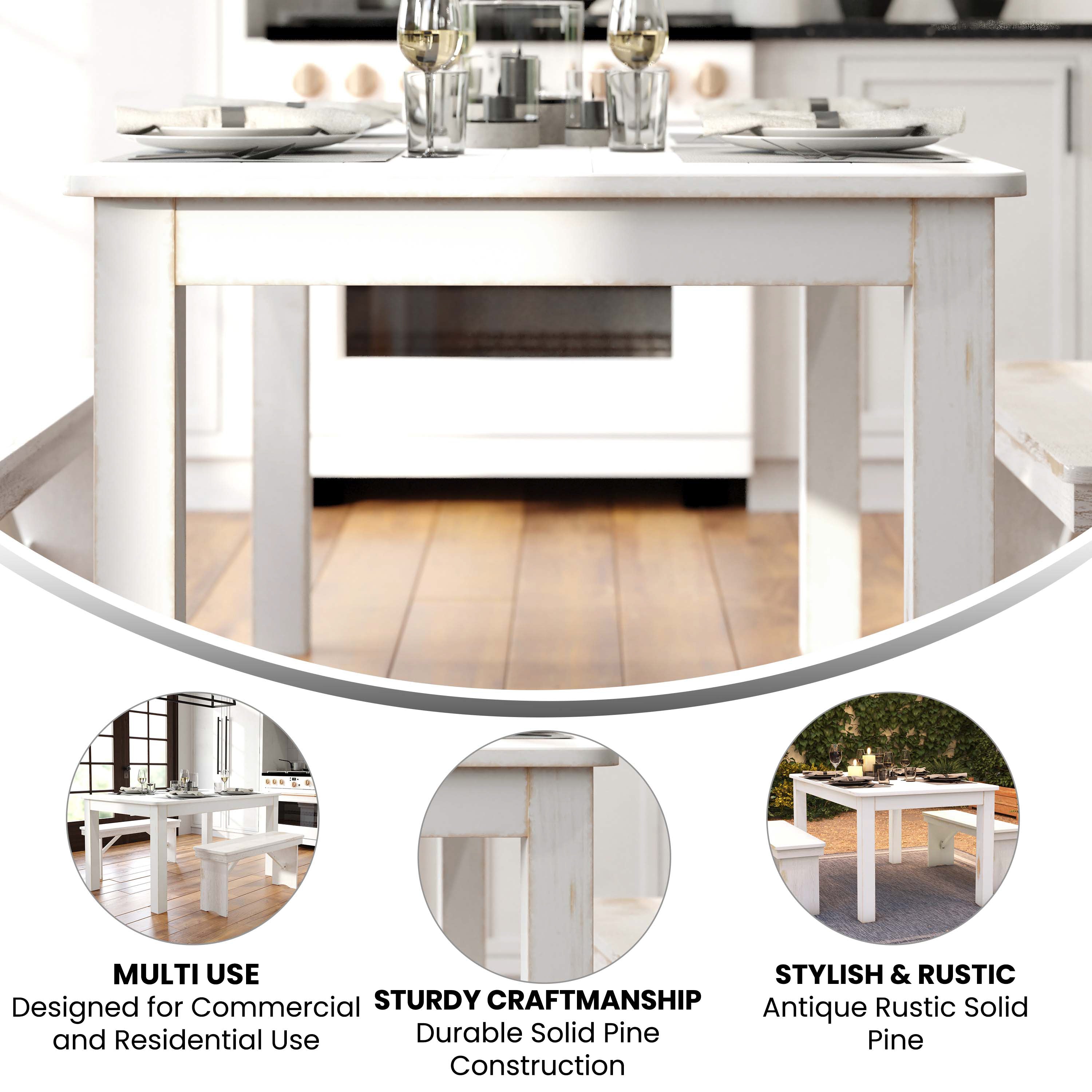 HERCULES Series 60" x 38" Rectangular Antique Rustic White Solid Pine Farm Dining Table