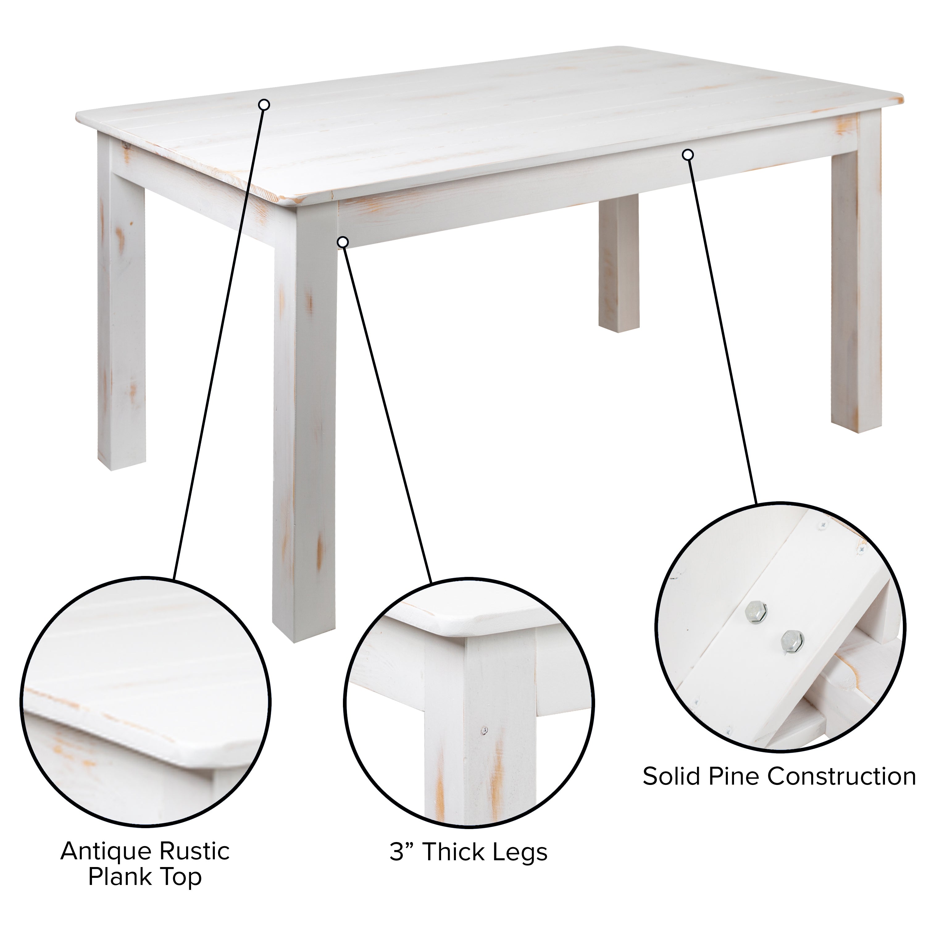 HERCULES Series 60" x 38" Rectangular Antique Rustic White Solid Pine Farm Dining Table